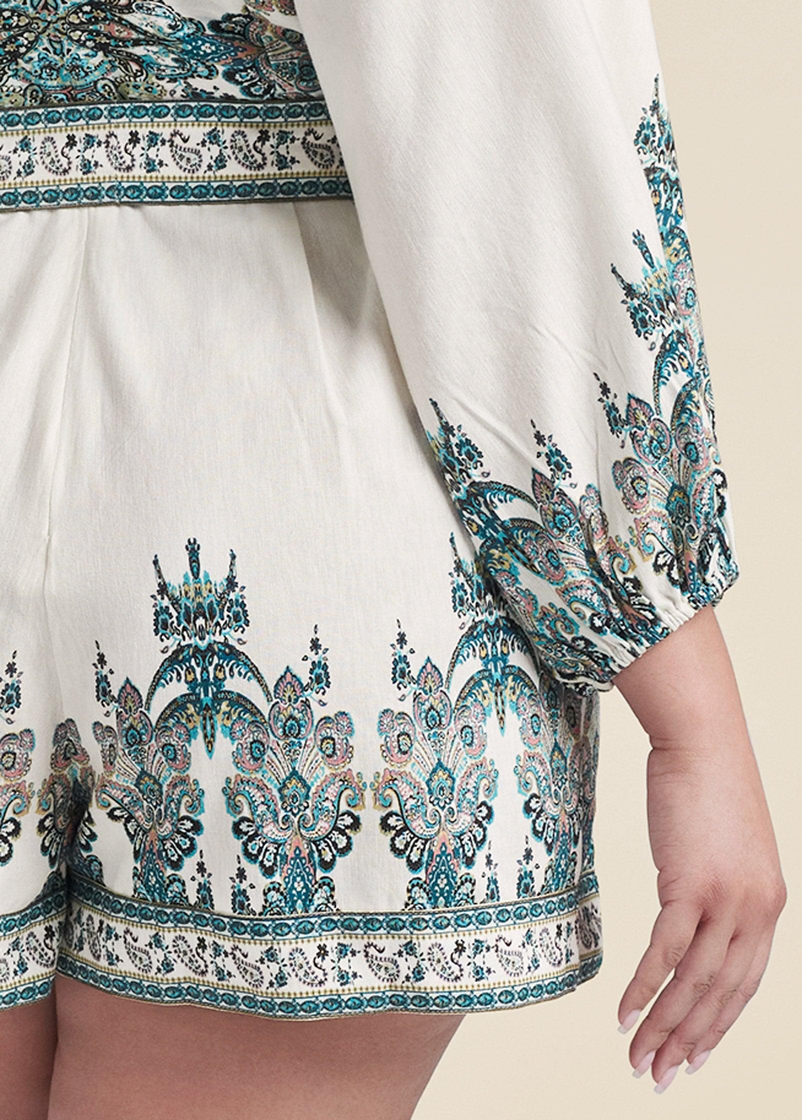 Paisley Print Linen Romper - White Multi Product Image