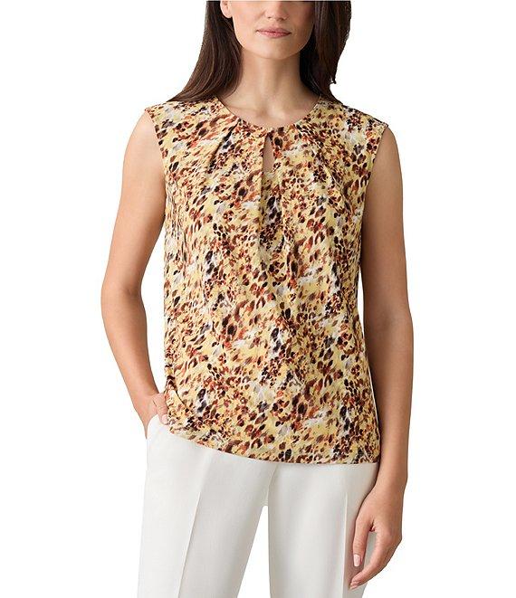 Kasper Petite Printed Keyhole Crew Neckline Cap Sleeve Top Product Image