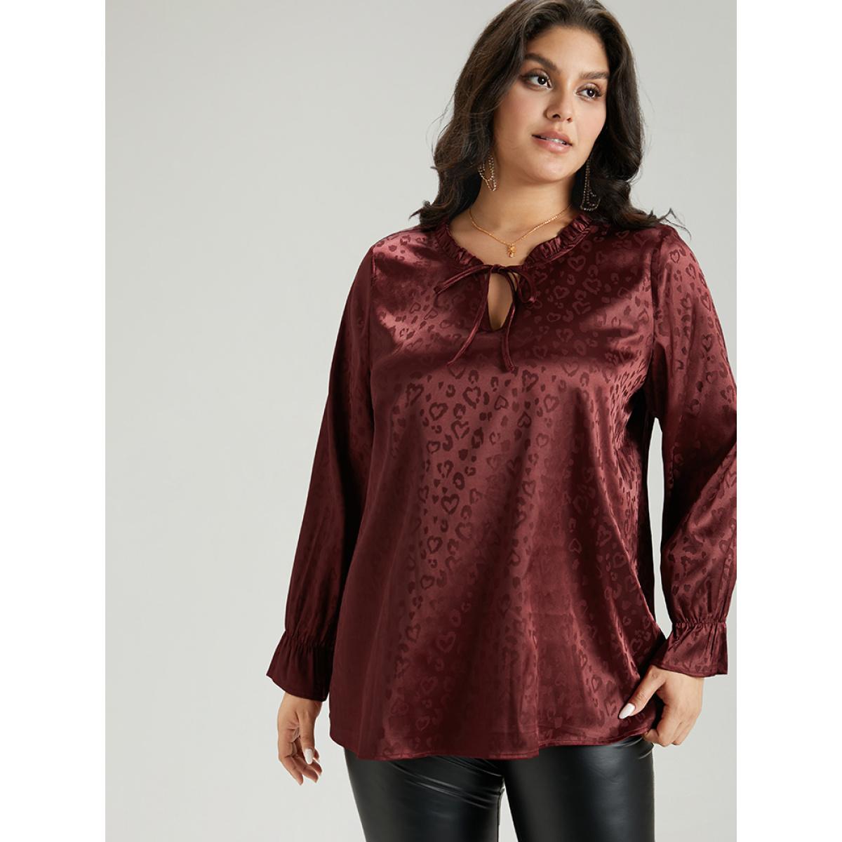 Plus Size Scarlet Solid Knot Neck Frill Trim Flutter Sleeve Blouse Women Glamour Long Sleeve Tie Neck Festival-Christmas Blouses BloomChic 14-16/1X Product Image