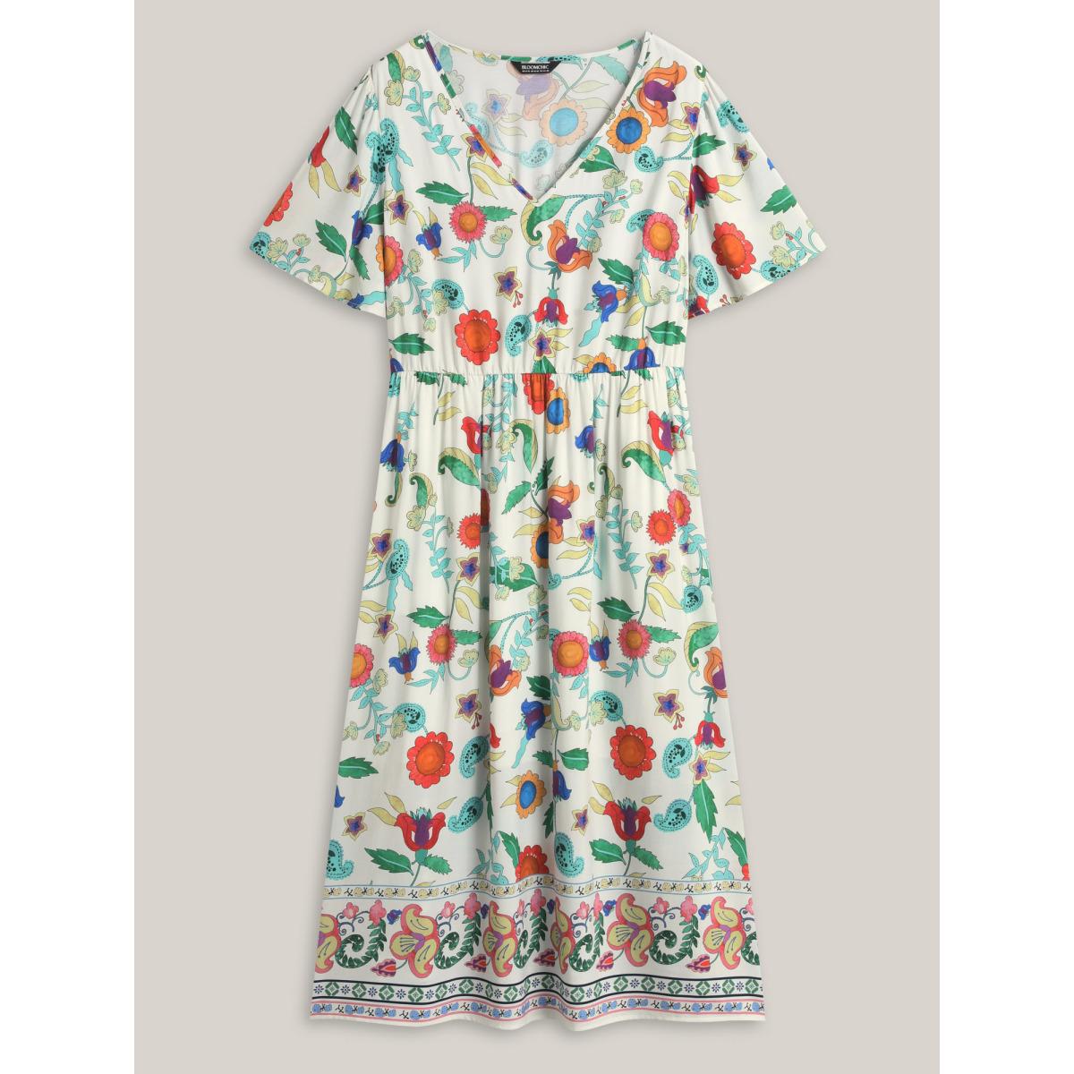 Plus Size Sunkissed Floral V-Neck Pockets Midi Dress Multicolor Women V-neck Short sleeve Curvy BloomChic 28/5X Product Image