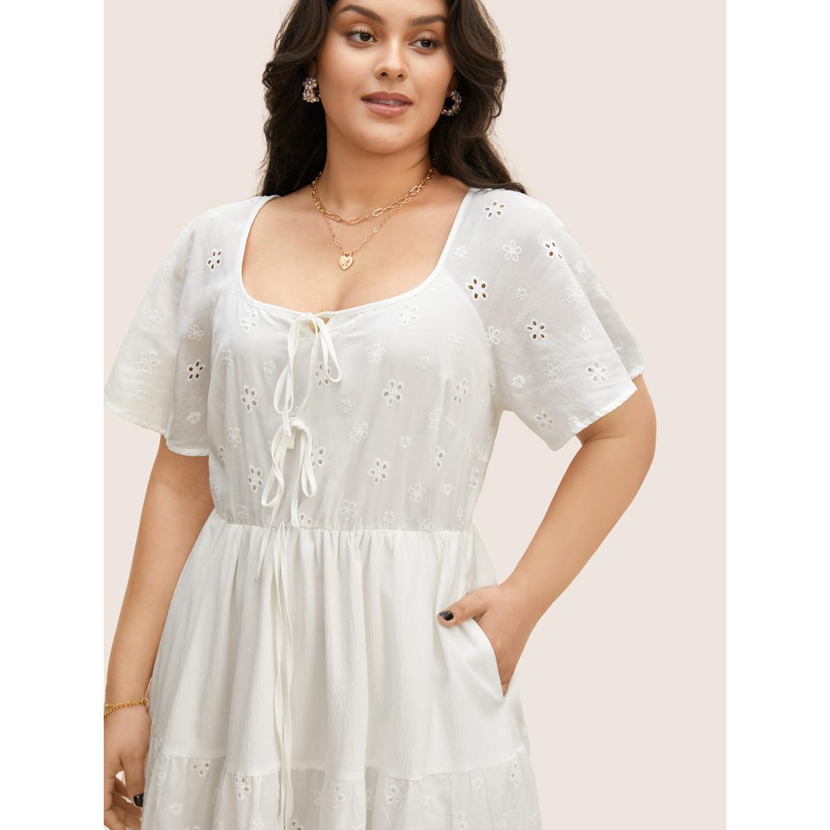 Plus Size Broderie Anglaise Ties Ruffle Layered Hem Dress Originalwhite Women Elegant Tie knot V-neck Short sleeve Curvy BloomChic 12/L Product Image