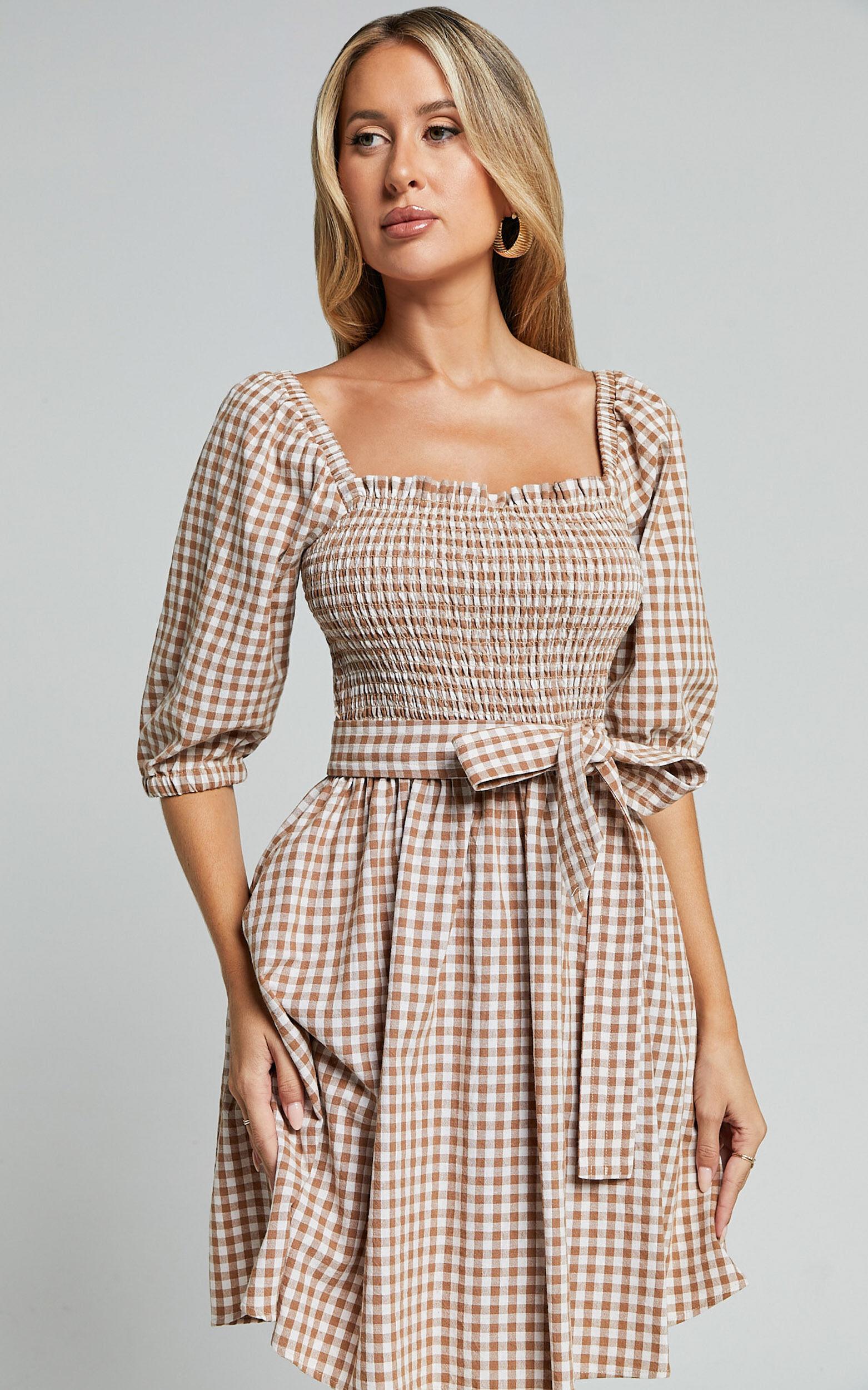 Liza Mini Dress - Shirred Bodice Short Sleeve Tie Dress in Caramel and White Gingham Product Image