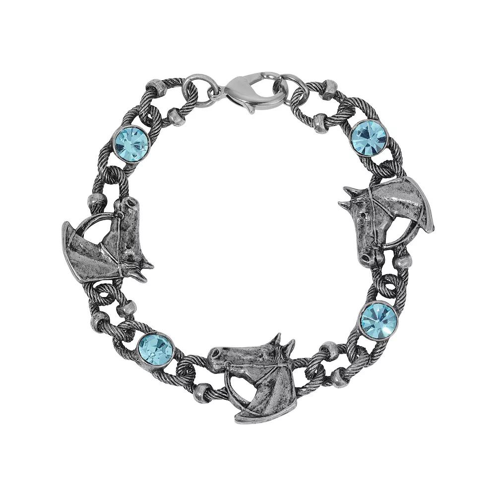 1928 Silver Tone Horse & Blue Glass Crystal Stones Bracelet, Womens Product Image