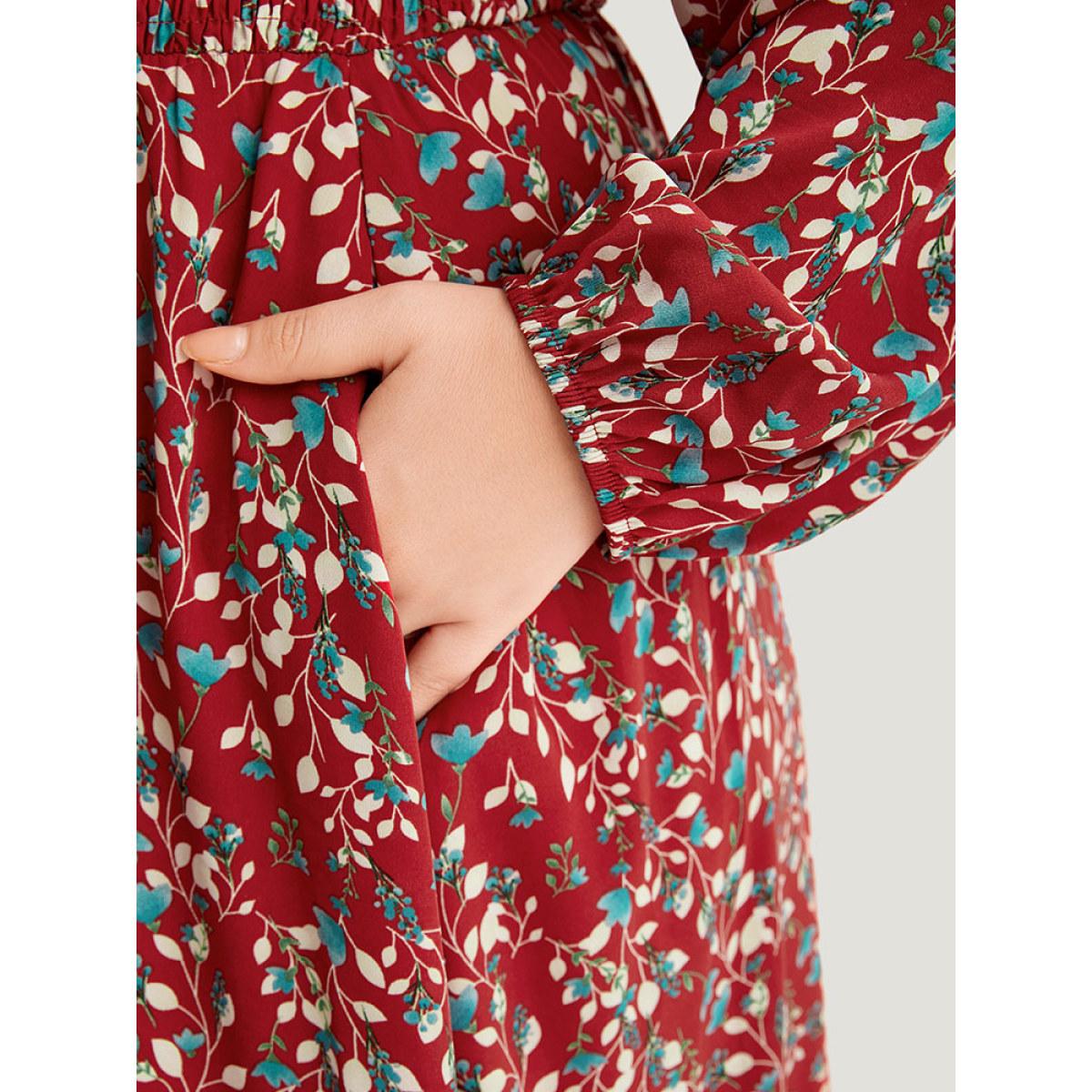 Plus Size Ditsy Floral Pocket Shirred Notched Dress Crimson Women Elegant Elastic cuffs Notched collar Long Sleeve Curvy Midi Dress BloomChic 18-20/2X Product Image