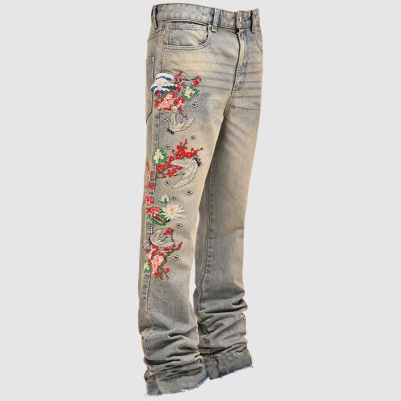 Men's Stretch Patch Embroidered Denim Straight Pants Product Image