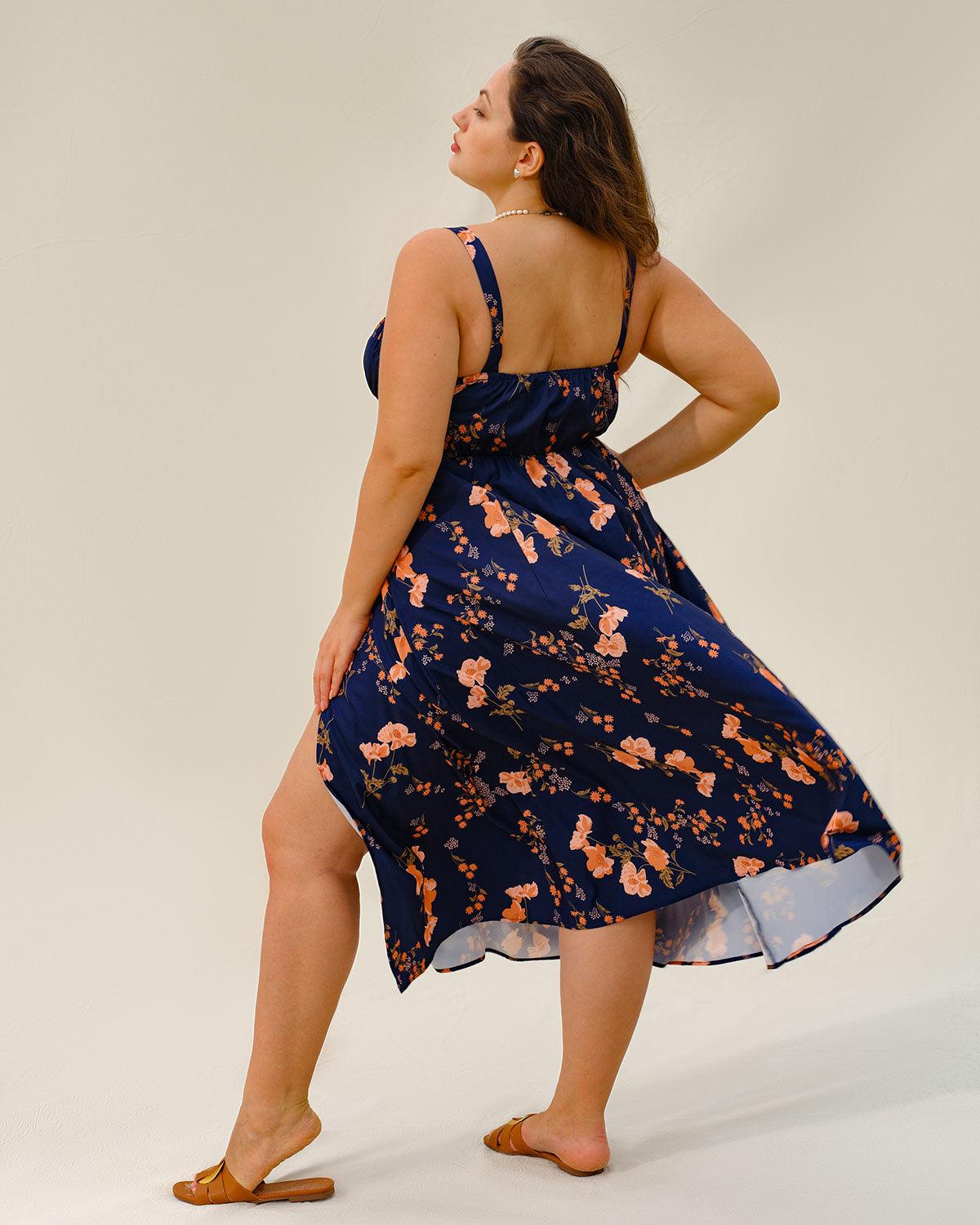 Navy Floral Ruched Plus Size Slip Midi Dress Product Image