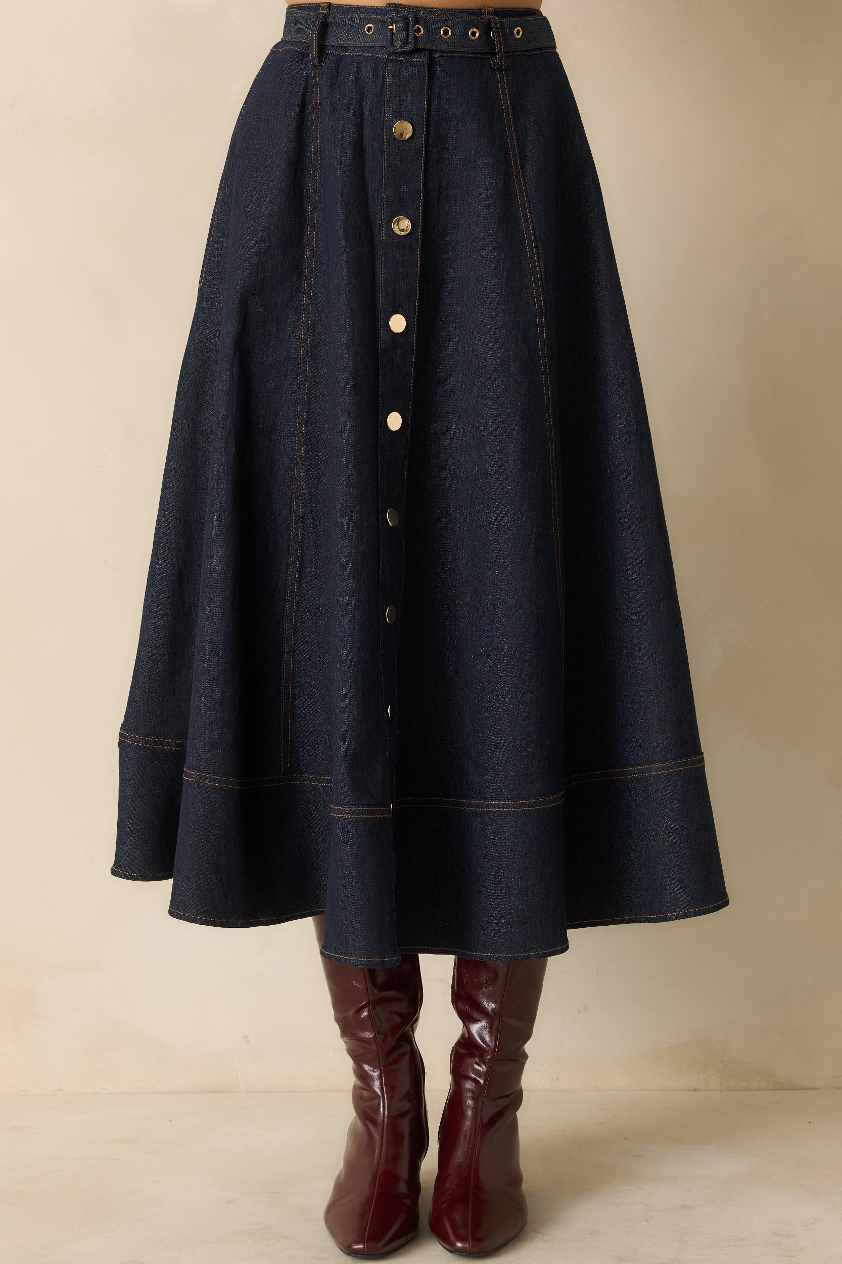 On The Books Dark Wash Cotton Denim Button Up Midi Skirt L / Dark Wash Product Image