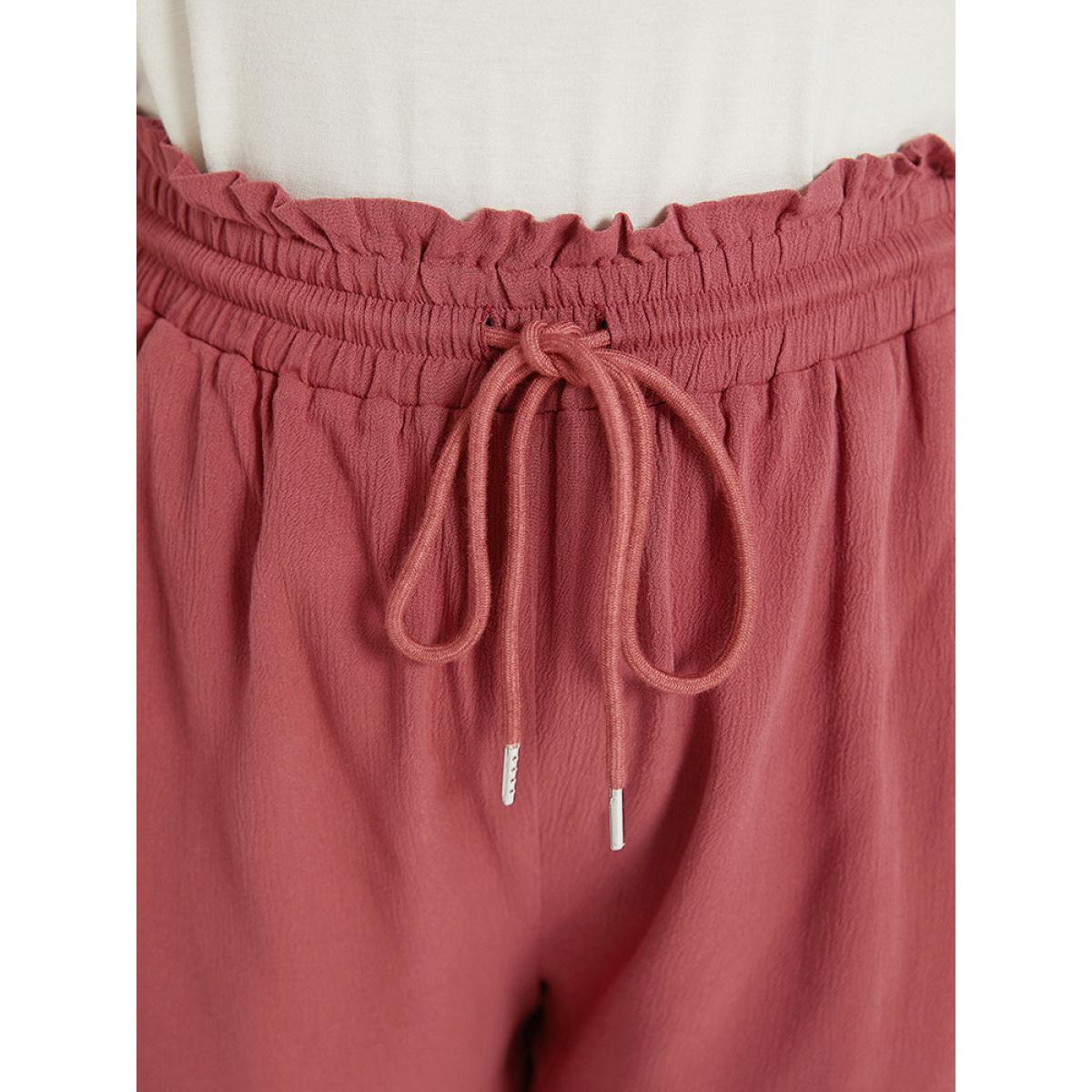 Plus Size Plain Textured Pocket Paperbag Waist Drawstring Split Side Shorts Women Russet Elegant Plain Dailywear Shorts BloomChic 22-24/3X Product Image