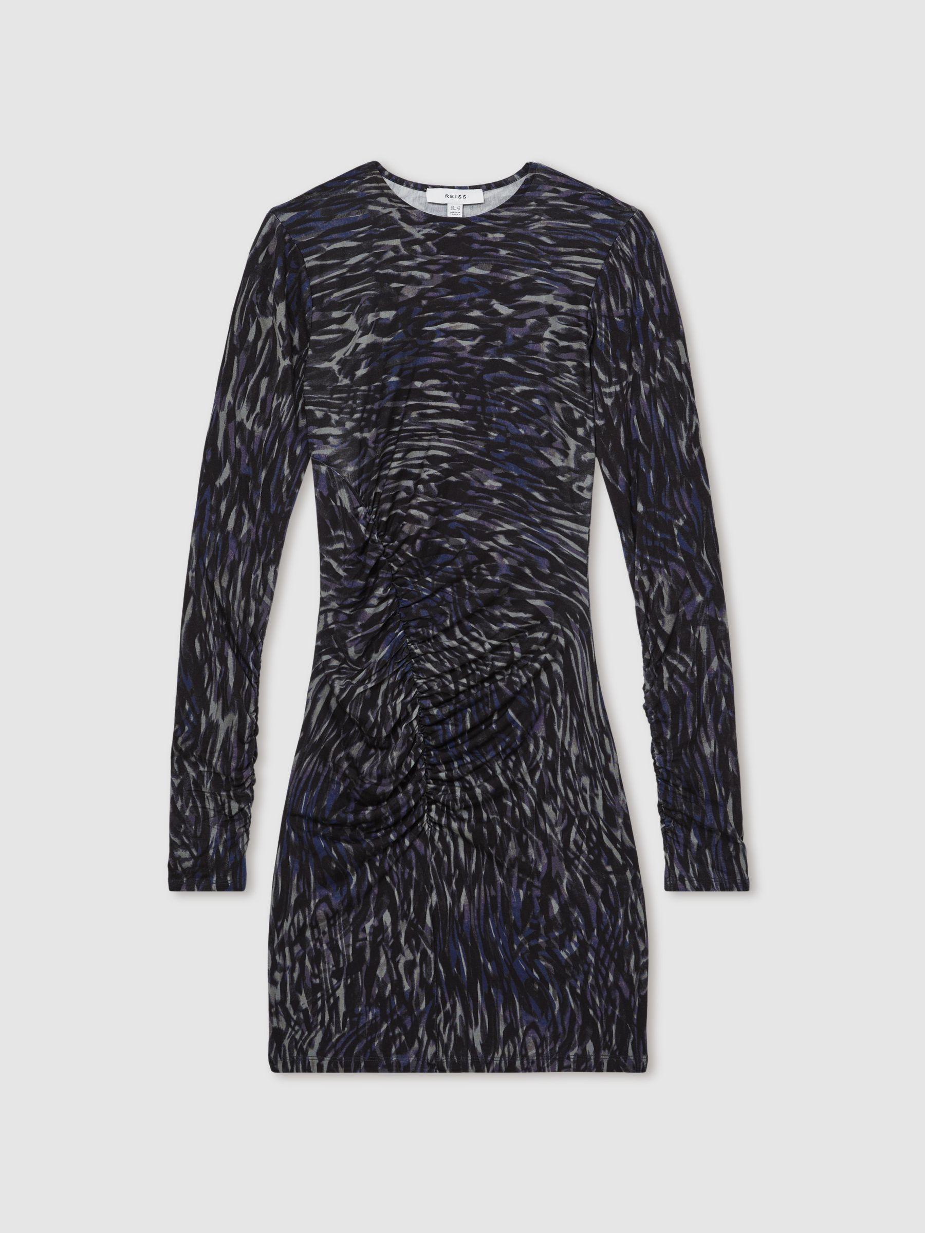Printed Jersey Ruched Mini Dress in Charcoal Product Image