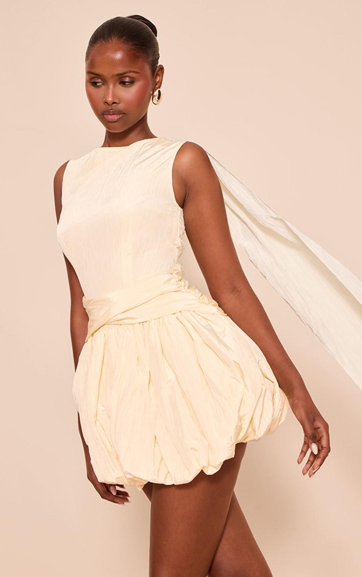Cream Textured Wrap Draped Mini Puff Ball Dress Product Image