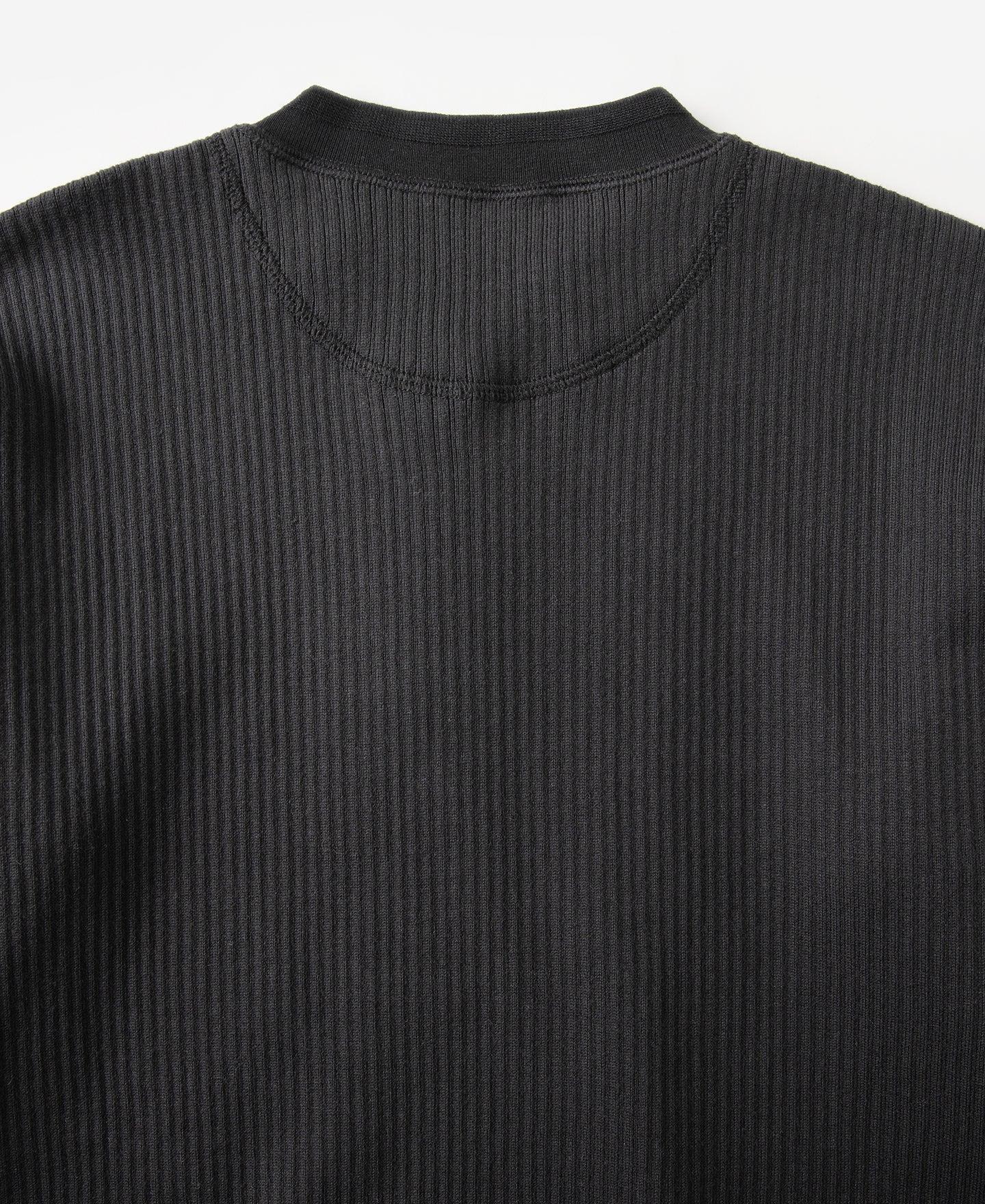 Ribbed Long Sleeve Henley T-Shirt - Black Product Image