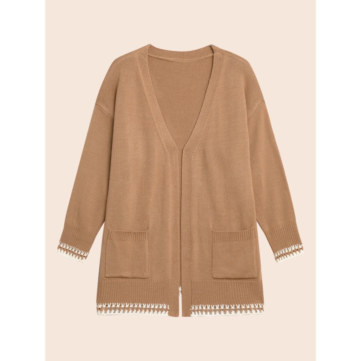 Plus Size Crochet Contrast Wool Blend Cardigan Tan Women Casual Loose Long Sleeve Everyday Cardigans BloomChic 18-20/2X Product Image