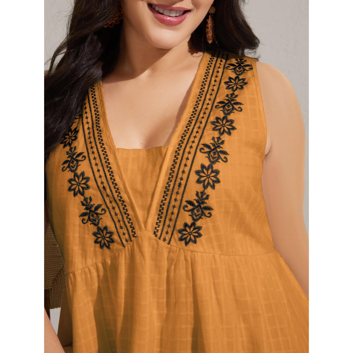 Plus Size Pure Cotton Jacquard Embroidered Tank Top Women Yellowishbrown Boho Texture Square Neck Vacation Tank Tops Camis BloomChic 10/M Product Image