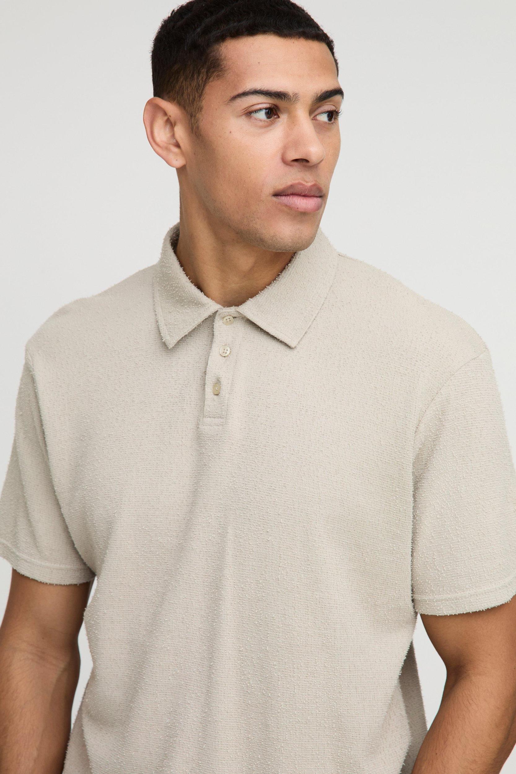 Regular Fit Natural Texture Concealed Placket Polo | boohooMAN USA Product Image