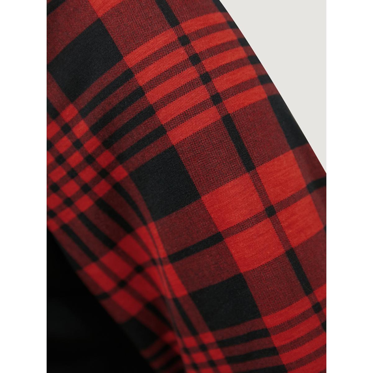 Plus Size Plaid Patchwork Bell Sleeve Long Tee Black Women Casual Contrast Plaid Round Neck Dailywear T-shirts BloomChic 26/4X Product Image