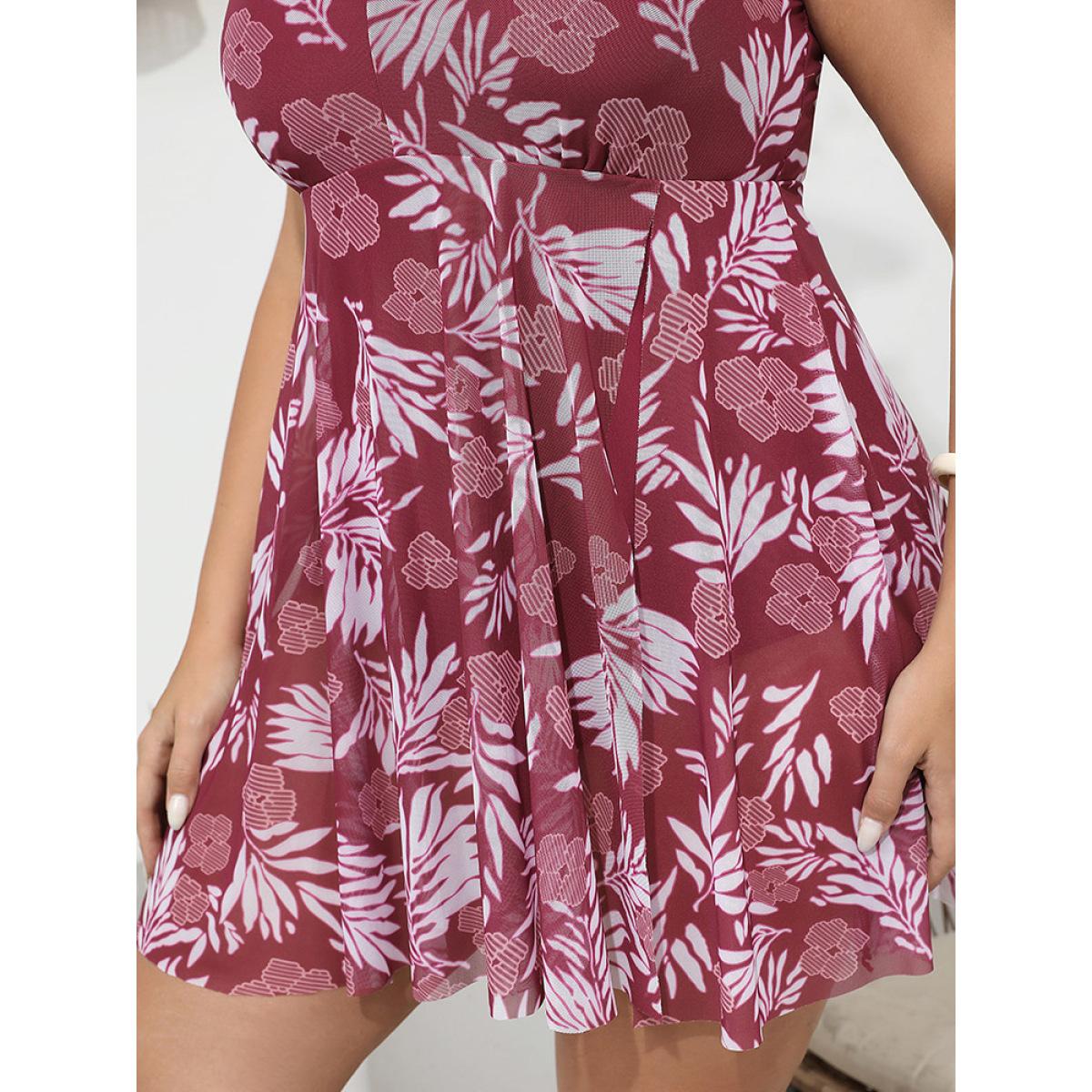 Plus Size Floral Print Adjustable Straps Flutter Split Hem Swim Dress Women's Swimwear RedViolet Vacation Bodycon Round Neck High stretch Curve Swim Dresses BloomChic 30/6X Product Image