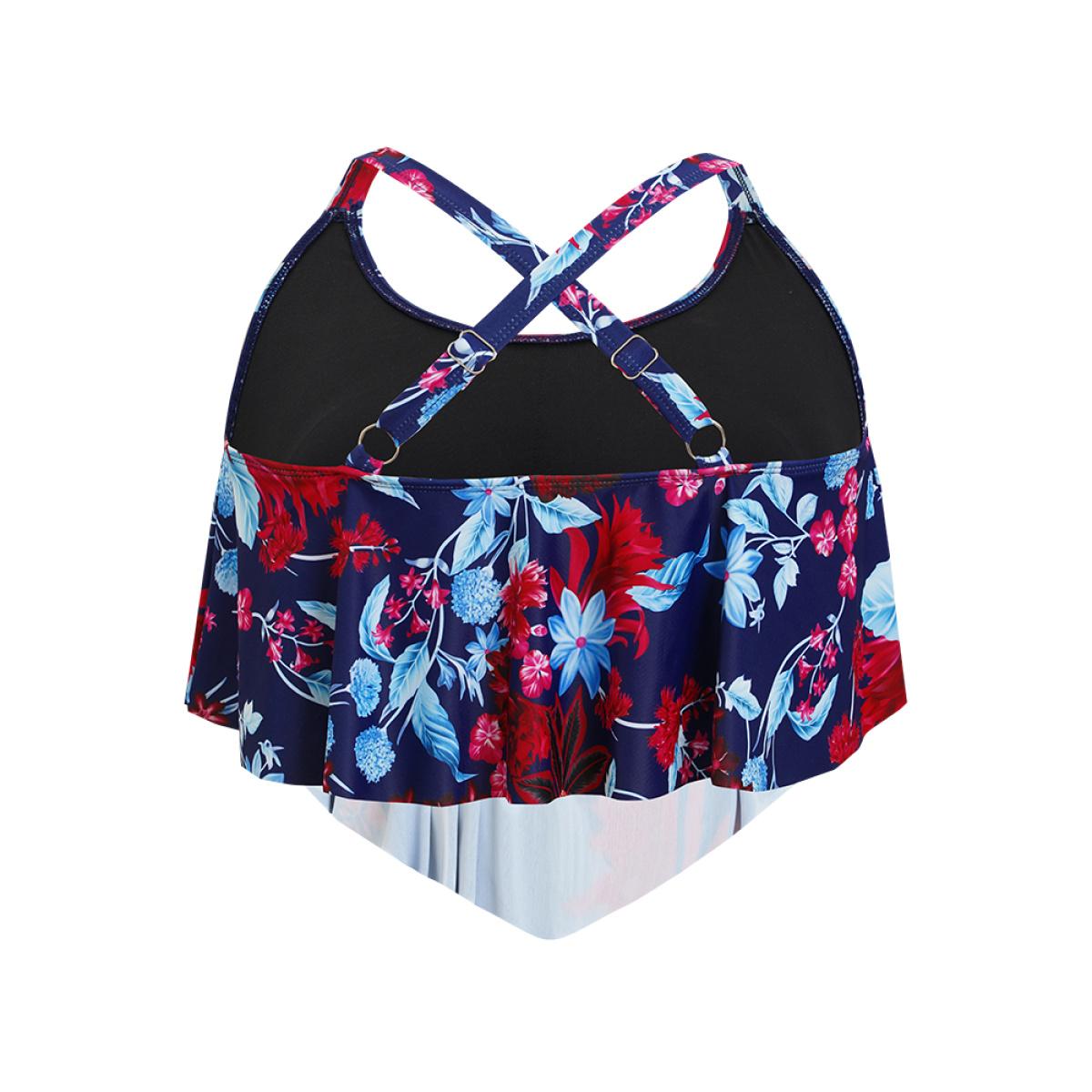 Plus Size Floral Crossover Back Asymmetrical Tankini Top Women's Swimwear Indigo Vacation Adjustable Straps High stretch Bodycon Round Neck Curve Swim Tops BloomChic 18-20/2X Product Image