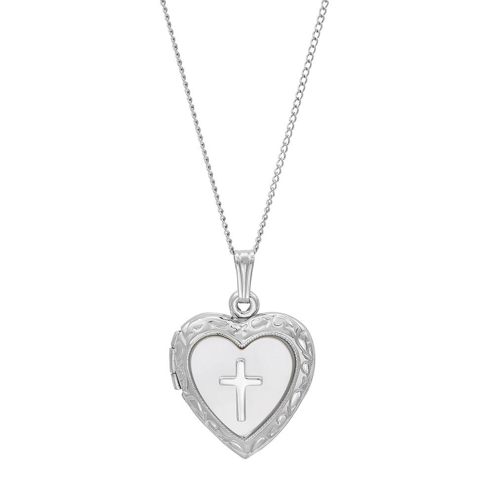 Sterling Silver Mother-of-Pearl Cross Embossed Heart Locket Pendant Necklace, Womens Product Image