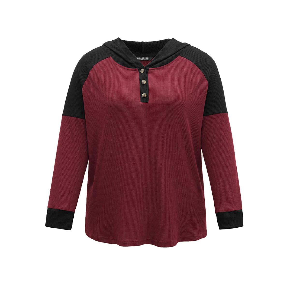 Plus Size Waffle Knit Hooded Button Up Sweatshirt Women Burgundy Casual Contrast Hooded Dailywear Sweatshirts BloomChic 14-16/1X Product Image