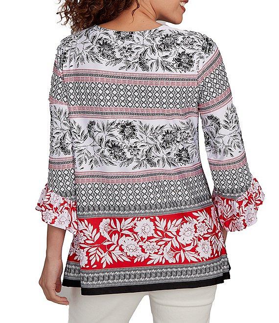 Ruby Rd. Printed Embellished Keyhole Neck 3/4 Ruffle Sleeve Sharkbite Hem Top Product Image