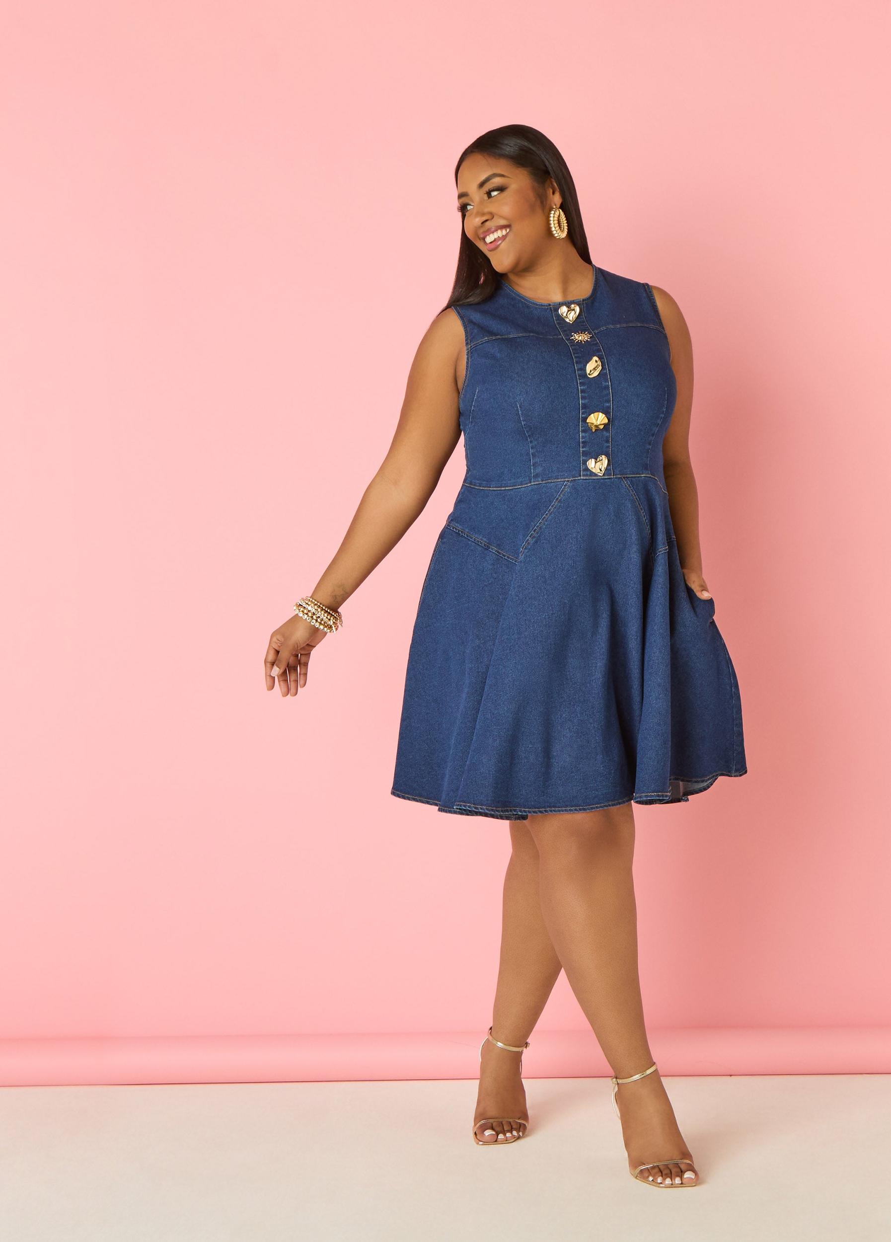 Button Embellished Denim Dress Product Image