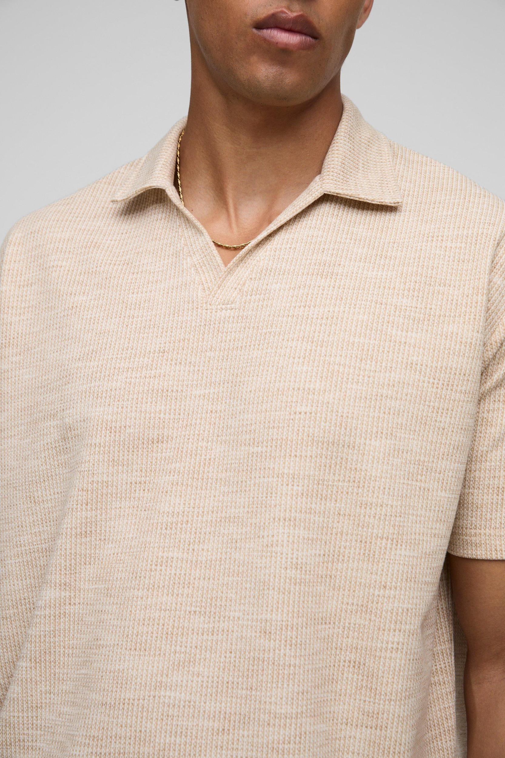 Oversized Textured Marl V Neck Polo | boohooMAN USA Product Image