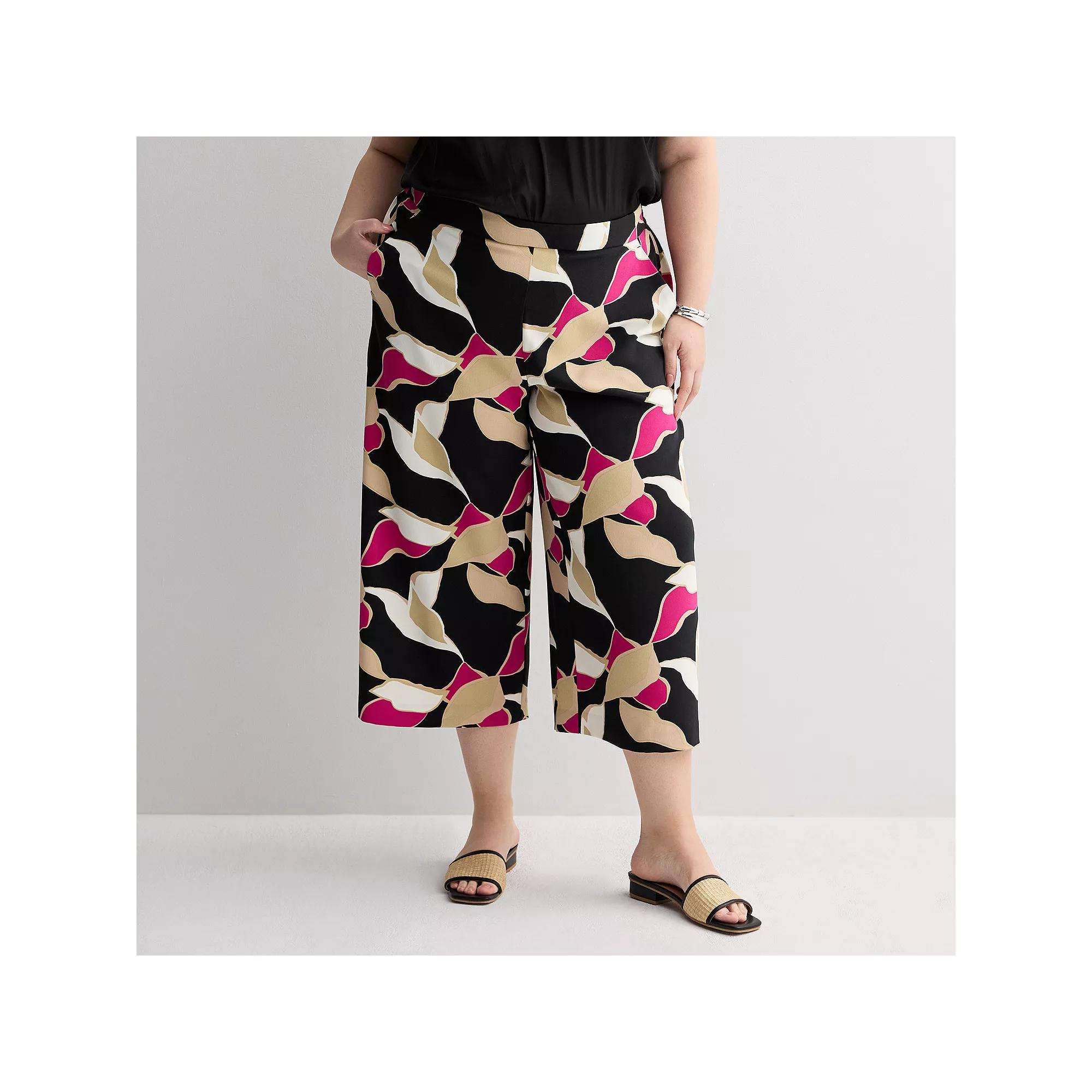 Plus Size Nine West Pull-On Flowy Wide Leg Cropped Pants, Women's, Size: 0X, Black Bolder Stripes Product Image