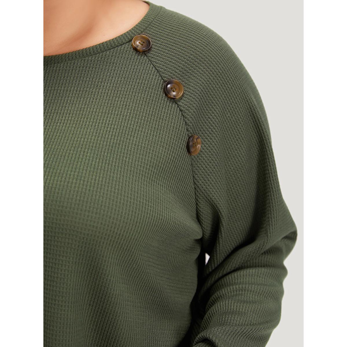 Plus Size Plain Waffle Knit Button Detail Crew Neck Raglan Sleeve T-shirt ArmyGreen Women Casual Elastic cuffs Plain Round Neck Dailywear T-shirts BloomChic 26/4X Product Image