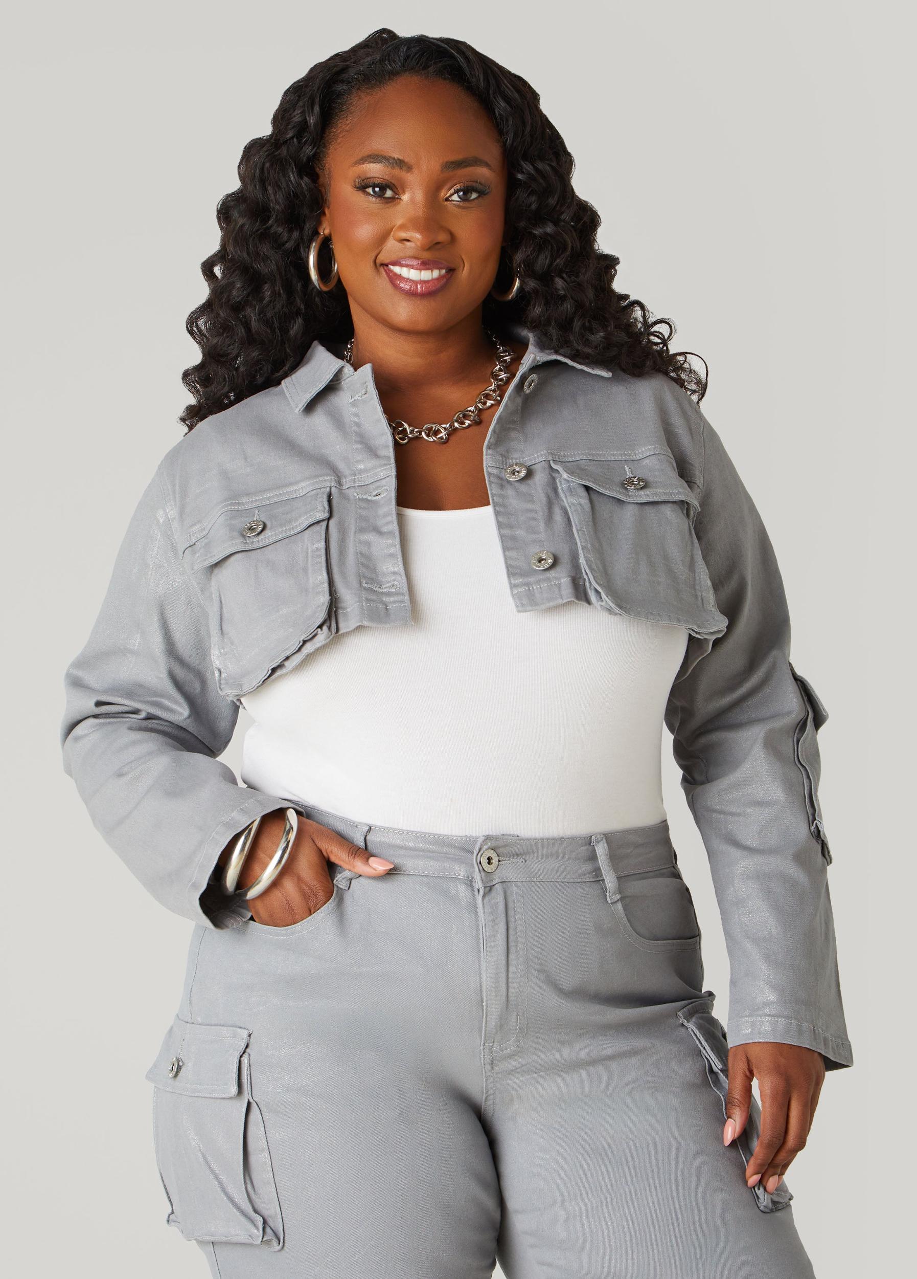 Plus Size Coated Cropped Denim Jacket Ashley Stewart Product Image