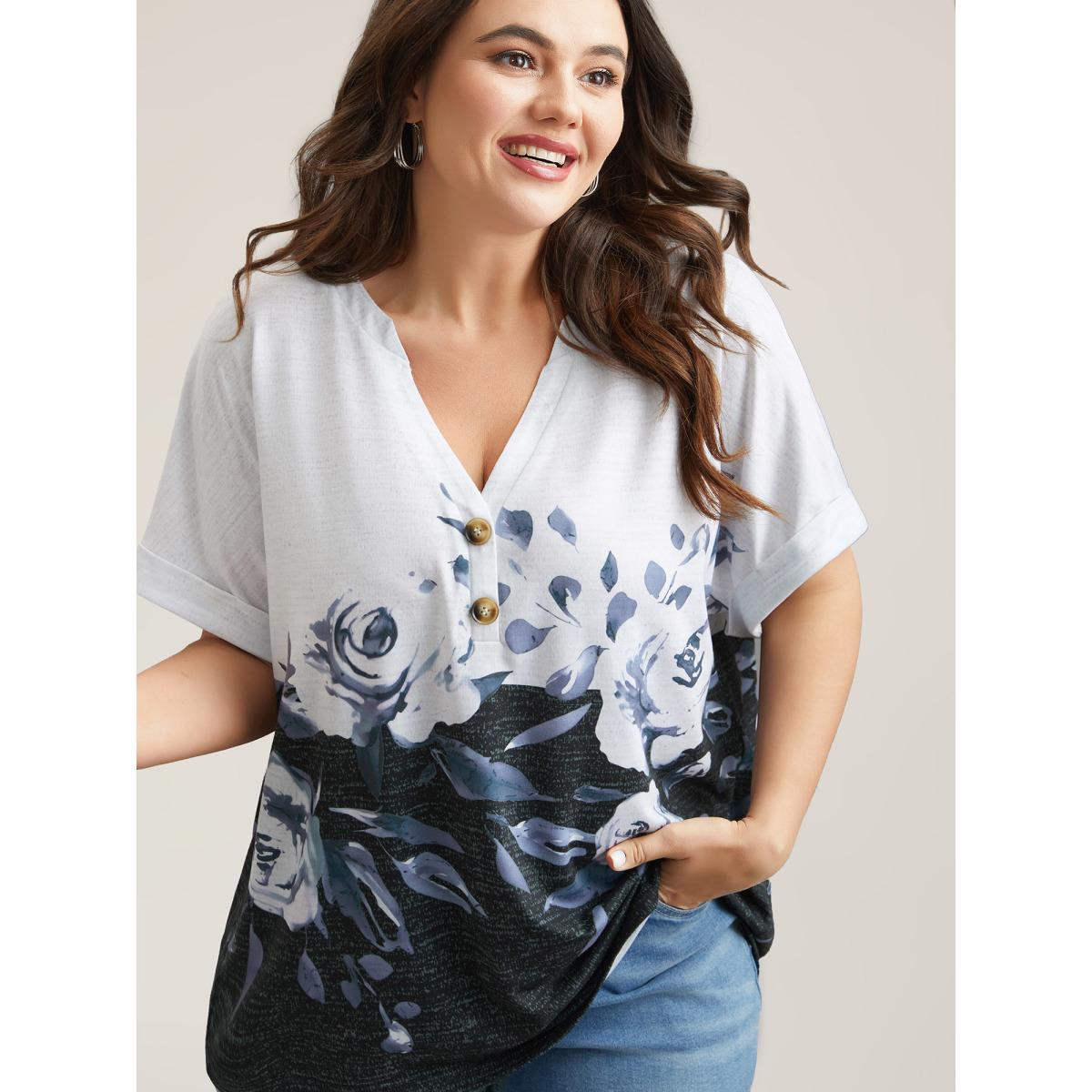 Plus Size Floral Position Print Half-Sleeve T-Shirt Multicolor Women Casual Contrast Natural Flowers Notched collar Everyday T-shirts BloomChic 10/M Product Image