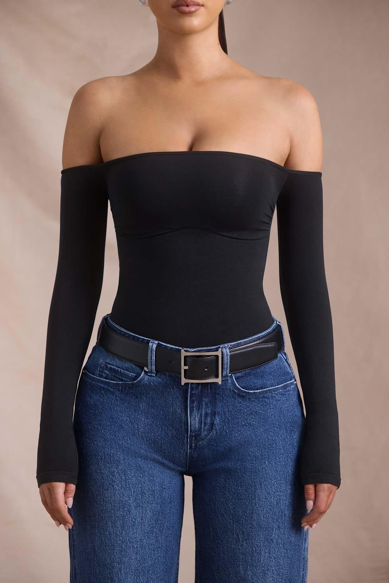 Seamless Off-Shoulder Long-Sleeve Bodysuit in Black Female Product Image