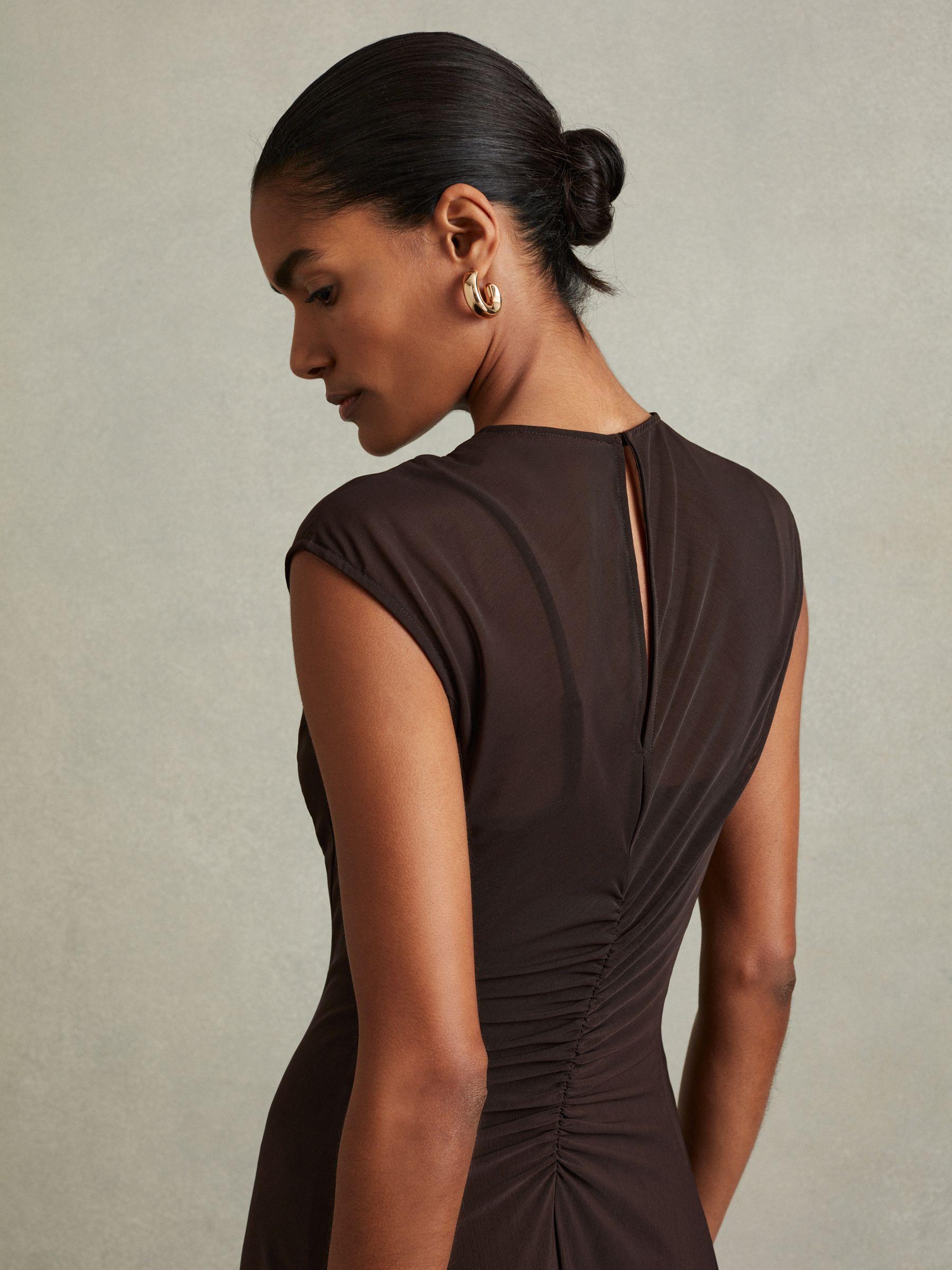 Mesh Ruched Midi Dress in Chocolate Product Image