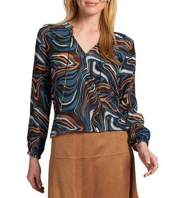 APNY Woven Printed V-Neck Long Sleeve Tassel Tie Top Product Image