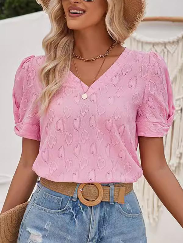 Loose Short Sleeves Heart Print Knot Pleated Solid Color Split-Joint V-Neck T-Shirts Tops Product Image