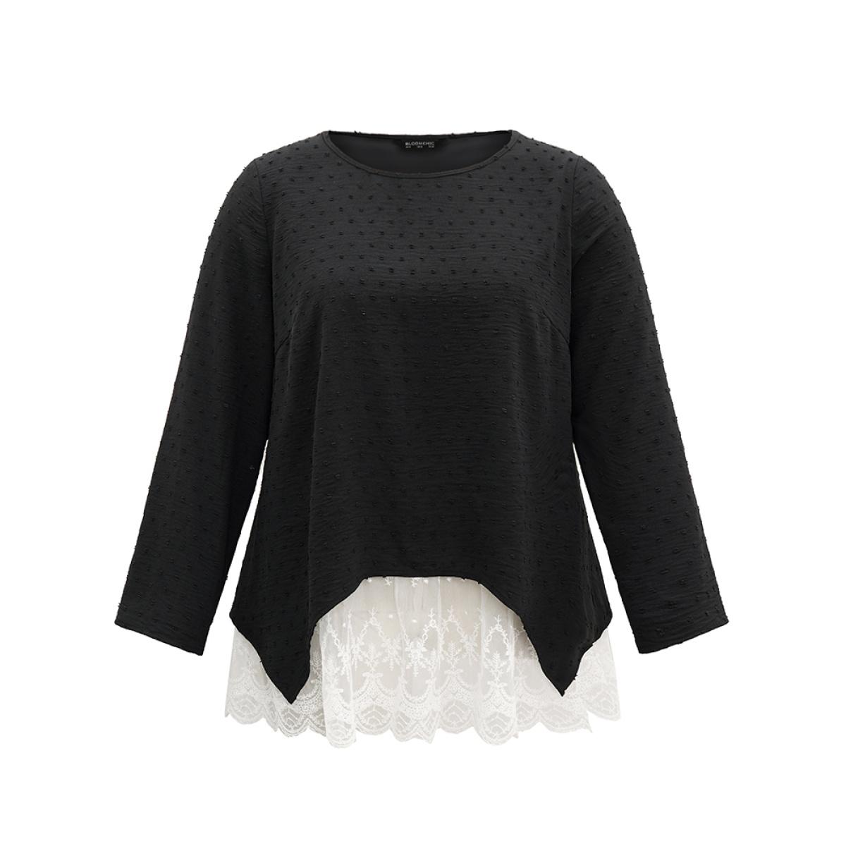 Plus Size Black Crochet Lace Mesh Polka Dot Asymmetrical Hem Blouse Women Elegant Long Sleeve Round Neck Everyday Blouses BloomChic 26/4X Product Image