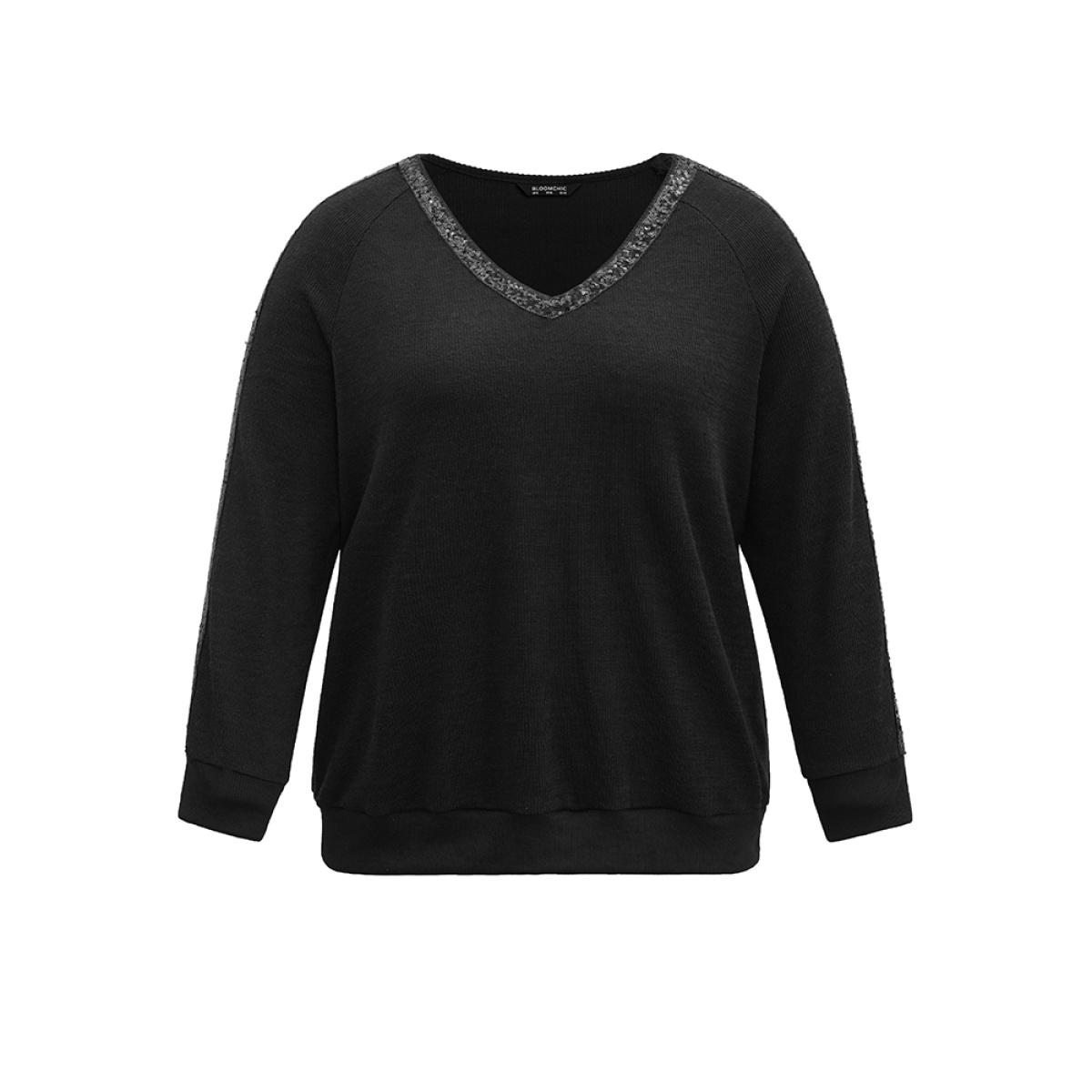 Plus Size Sequin Patchwork Raglan Sleeve Plisse Sweatshirt Women Black Casual Rib Knit V-neck Dailywear Sweatshirts BloomChic 28/5X Product Image