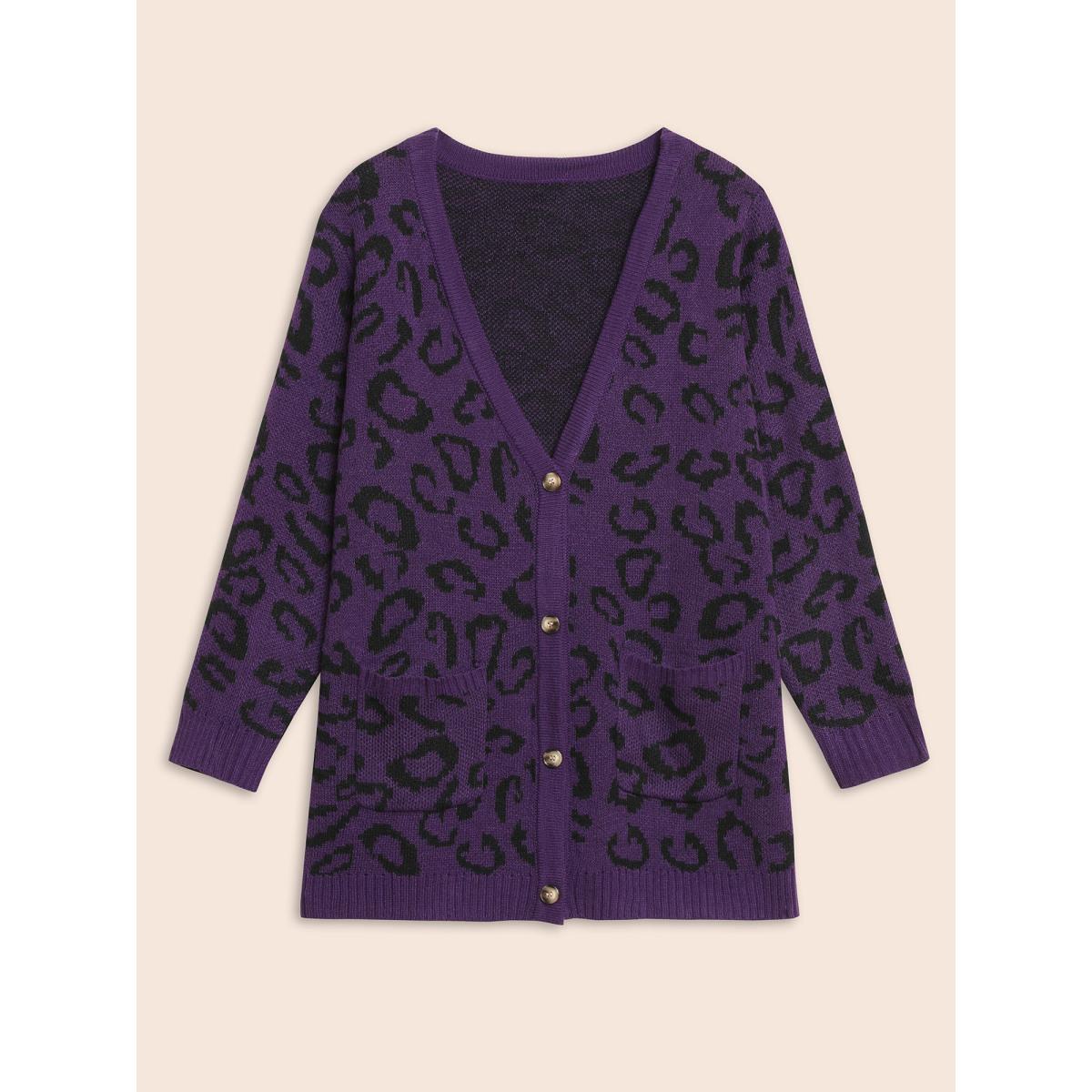 Plus Size Leopard Print Patched Pocket Cardigan Eggplant Women Casual Loose Long Sleeve Everyday Cardigans BloomChic 14-16/1X Product Image