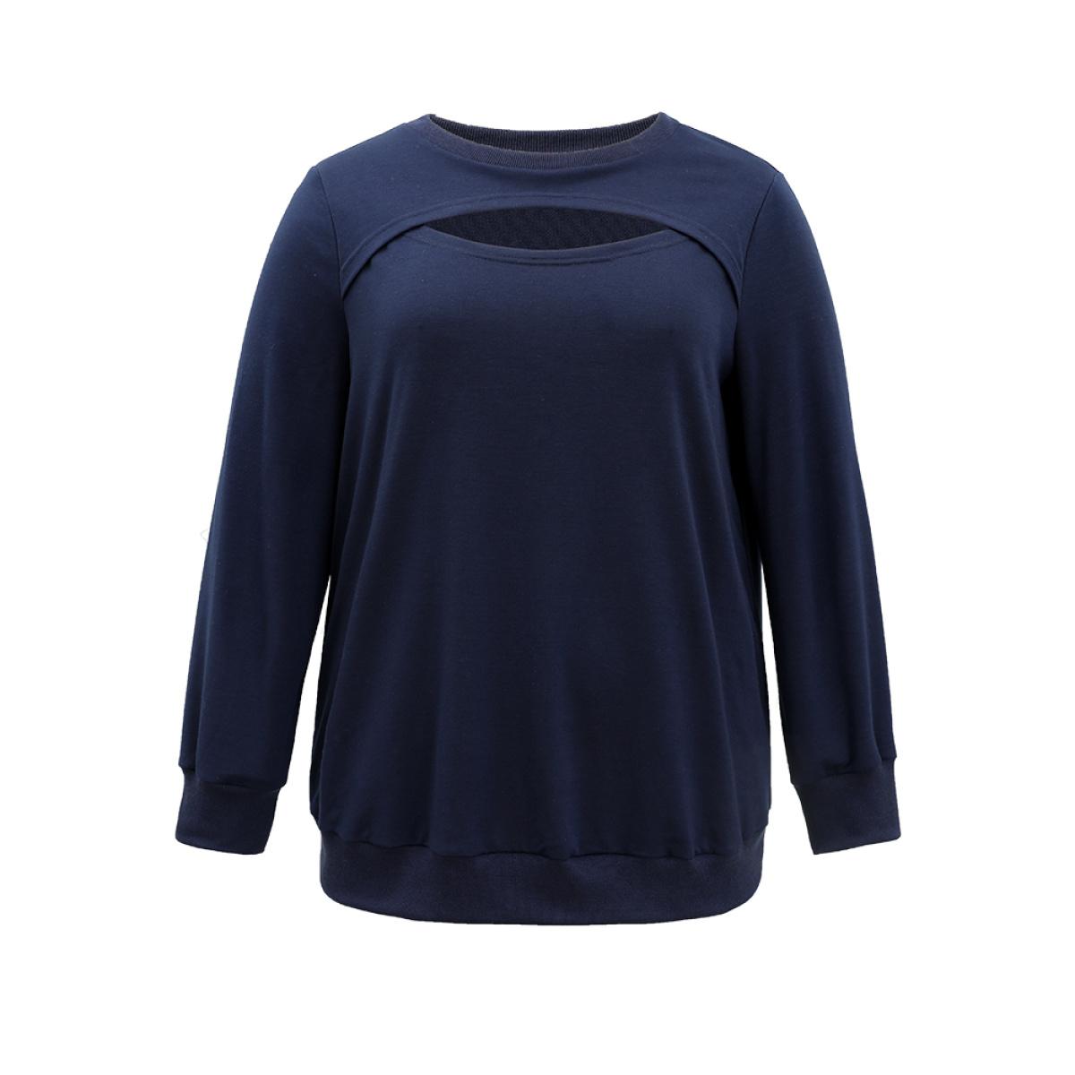 Plus Size Solid Keyhole Elastic Cuffs Sweatshirt Women Indigo Elegant Elastic cuffs Keyhole Cut-Out Dailywear Sweatshirts BloomChic 10/M Product Image