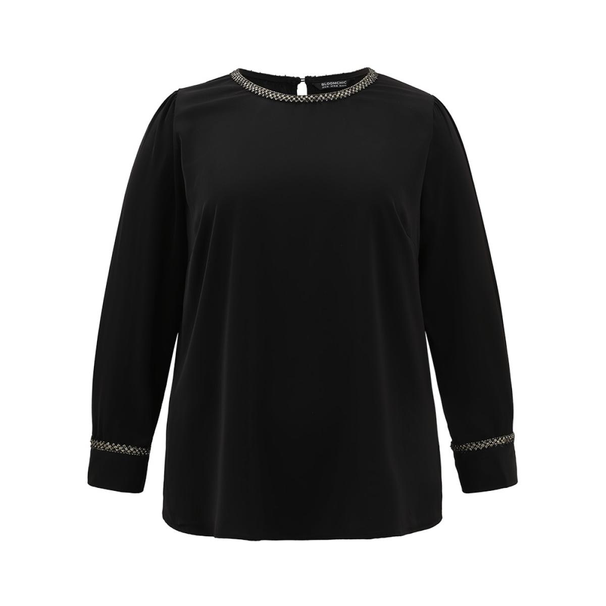 Plus Size Black Plain Contrast Webbing Crew Neck Blouse Women Office Long Sleeve Round Neck Office Blouses BloomChic 26/4X Product Image