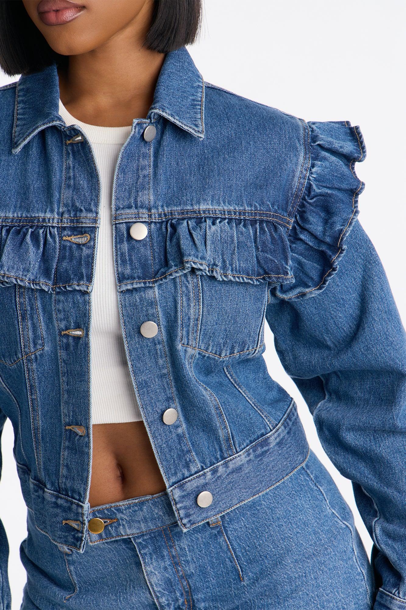 Scandi Ruffled Denim Jacket - Dark Wash Female Product Image