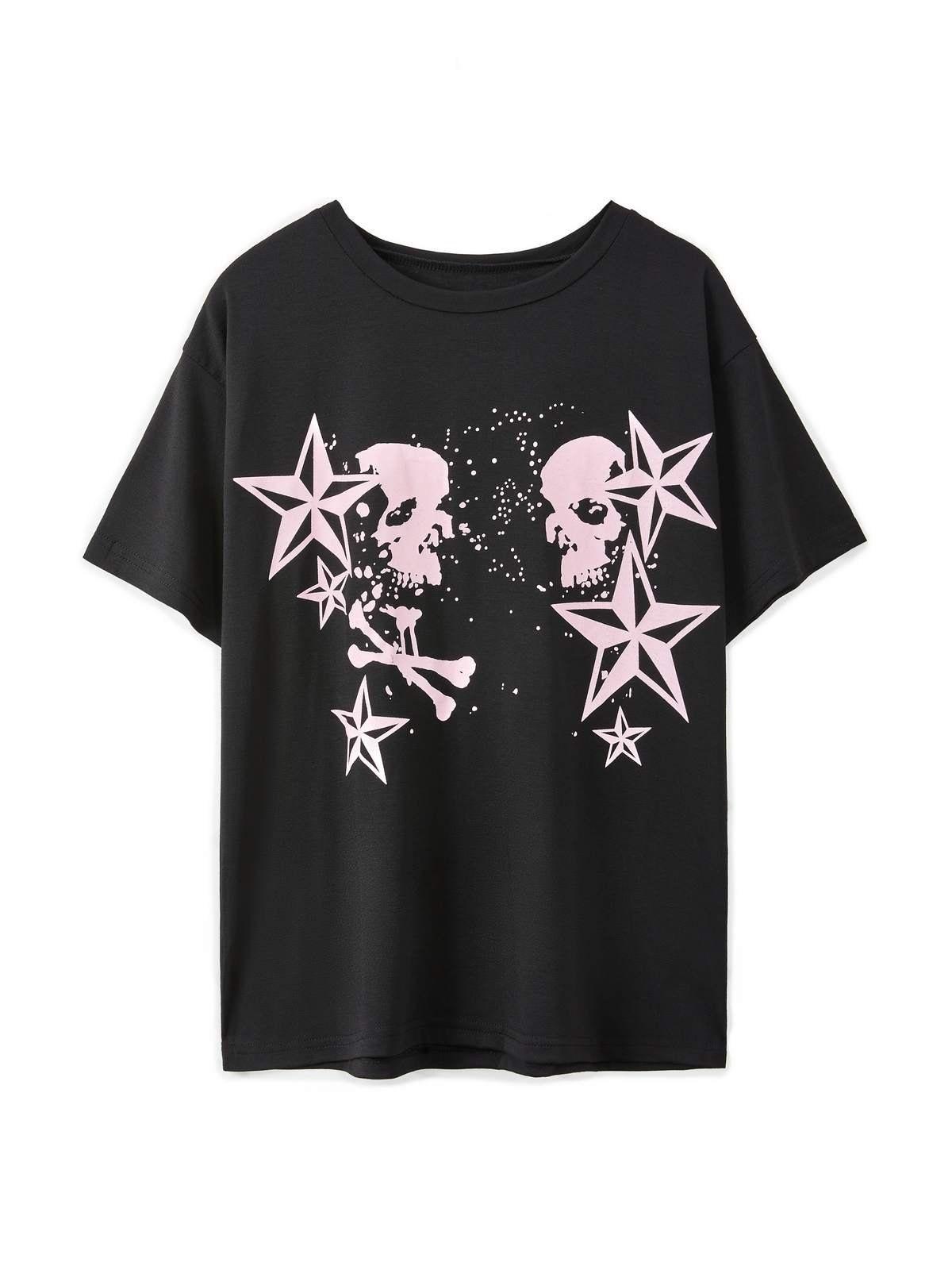 Short Sleeve Black  Skull  Graphic Oversized Tee Product Image