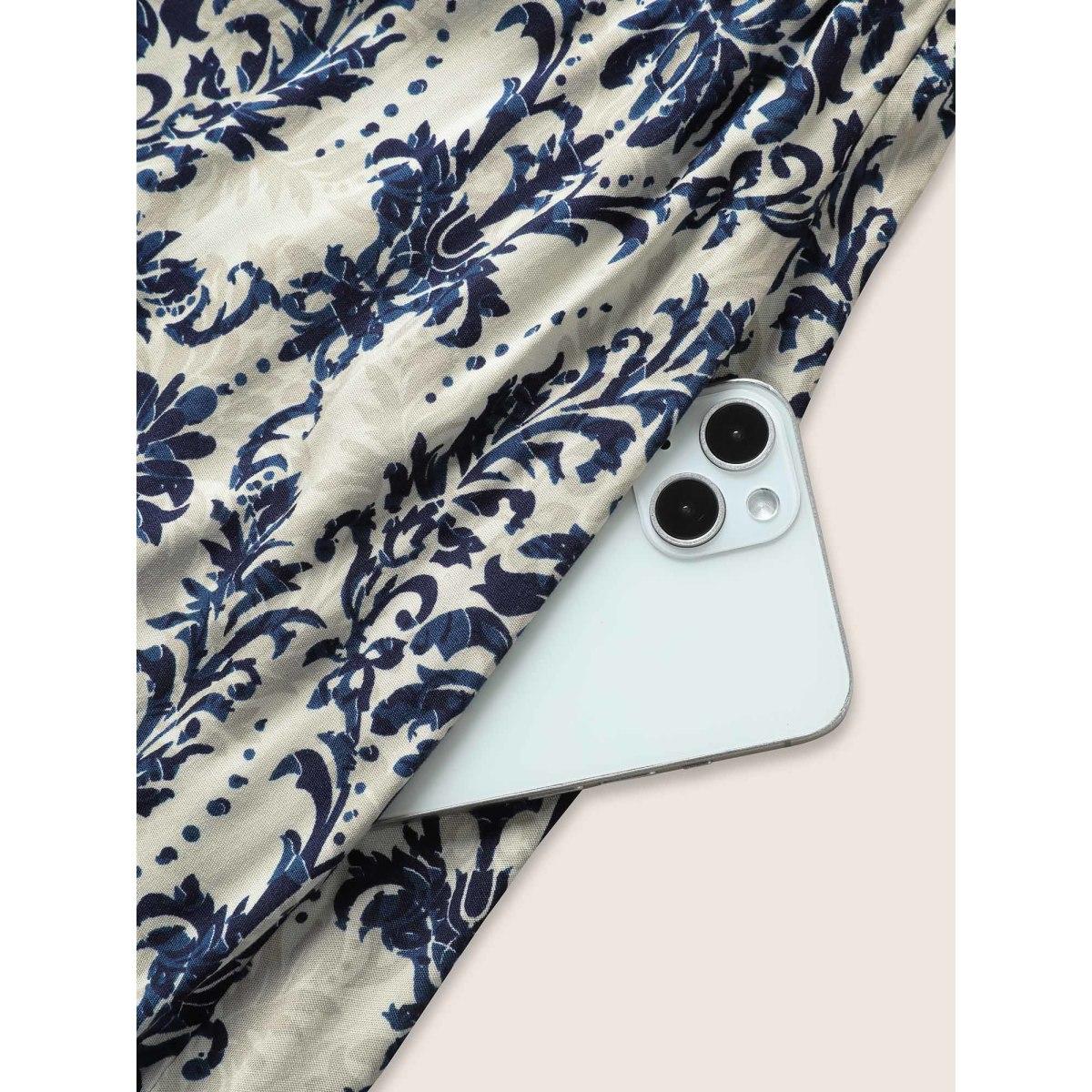 Plus Size Bandana Print Shirred Off Shoulder Dress DarkBlue Women Resort Non One-shoulder neck Short sleeve Curvy Midi Dress BloomChic 18-20/2X Product Image