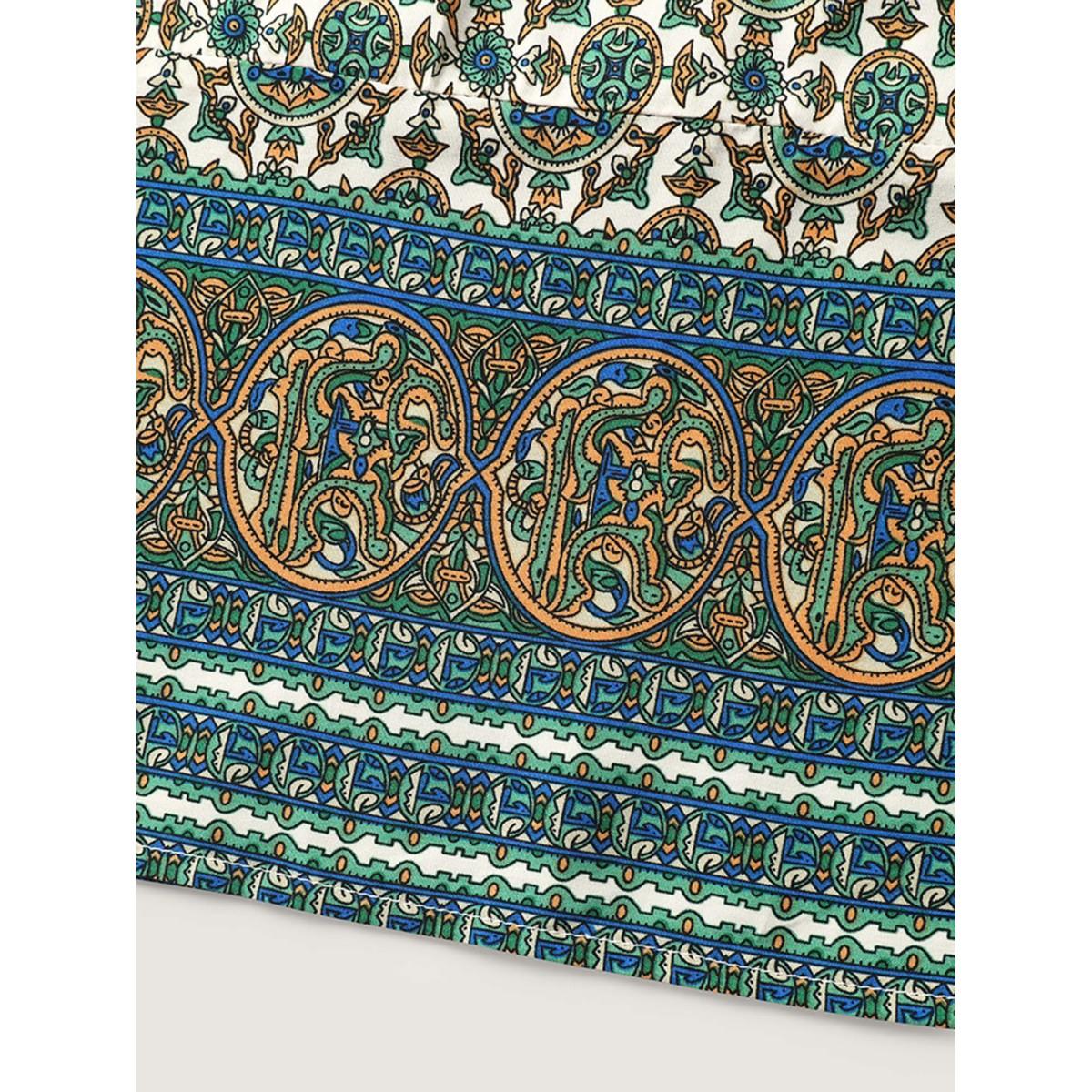 Plus Size Floral Print Pleated Neckline Tank Top Women Teal Boho Pleated Square Neck Vacation Tank Tops Camis BloomChic 12/L Product Image