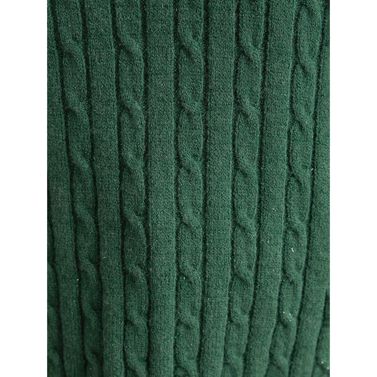 Plus Size Lurex Cable Knit Plain V Neck Pullover DarkGreen Women Casual Loose Long Sleeve V-neck Dailywear Pullovers BloomChic 26/4X Product Image