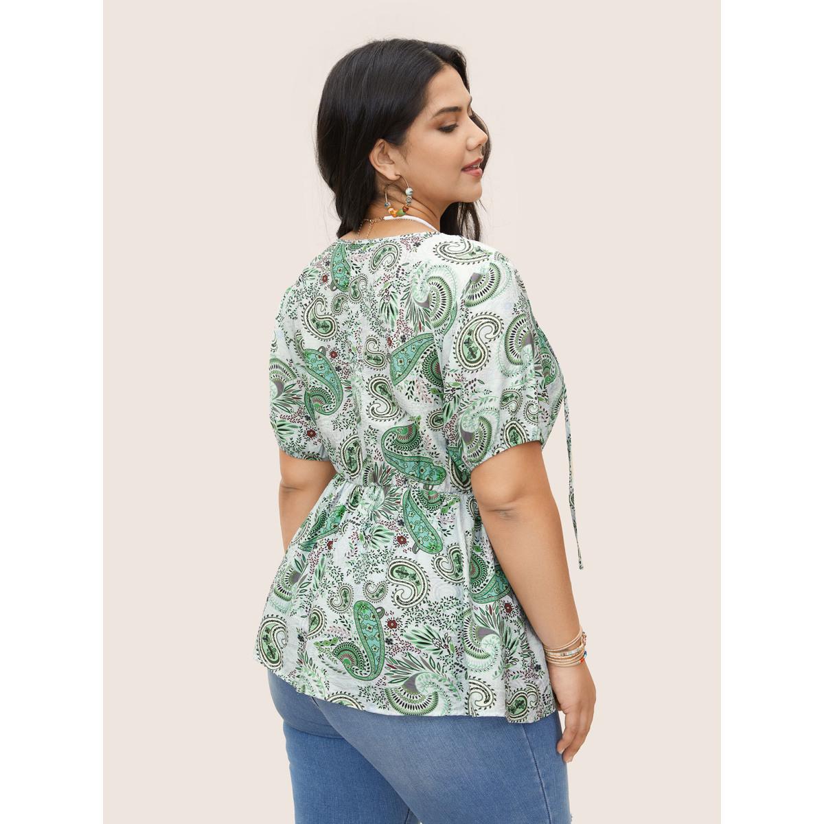 Plus Size Arctic Paisley Print Knot Elastic Waist Blouse Women Resort Short sleeve V-neck Vacation Blouses BloomChic 12/L Product Image