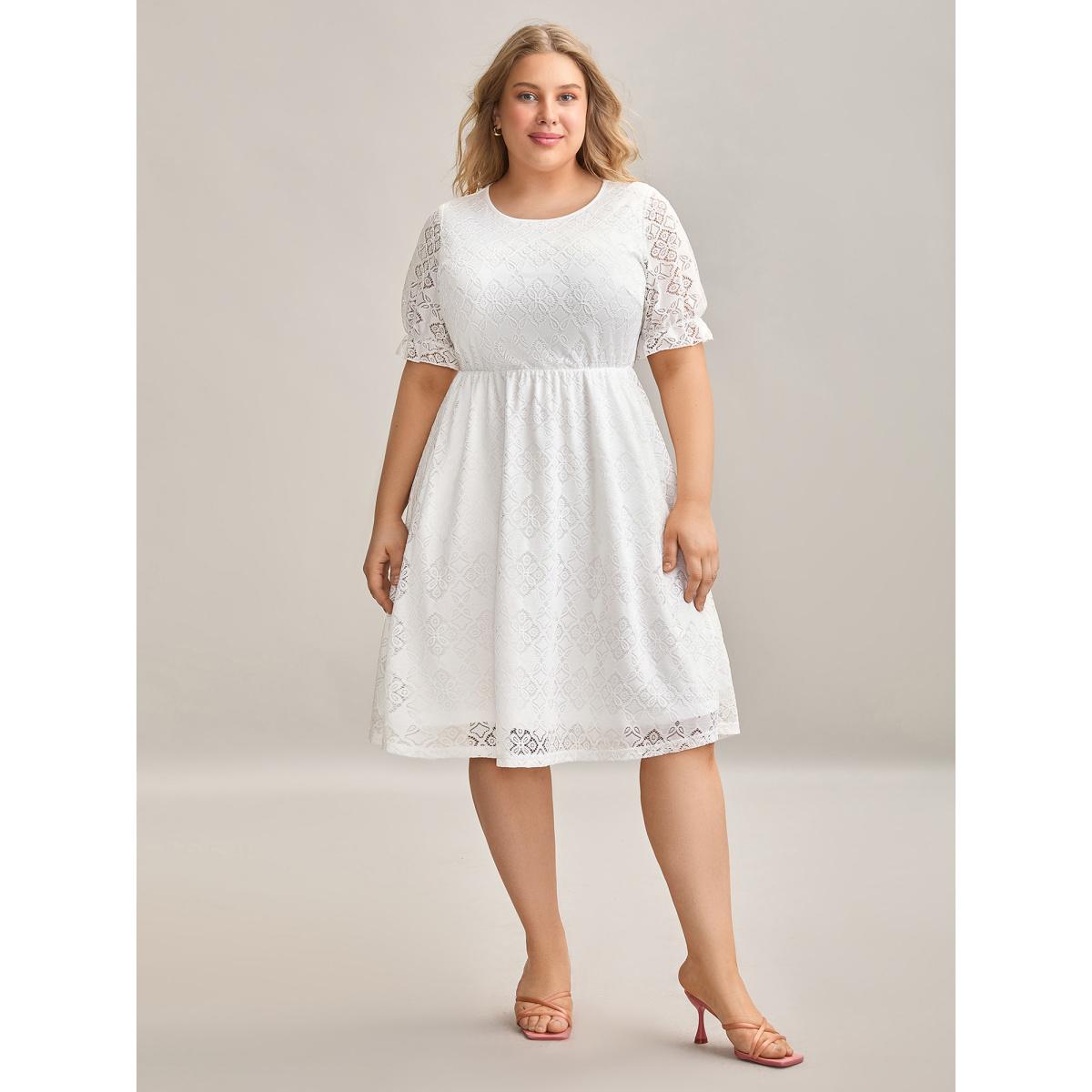 Plus Size Textured Ruffled Sleeve Pockets Midi Dress Ivory Women Elegant Texture Round Neck Short sleeve Curvy BloomChic 30/6X Product Image