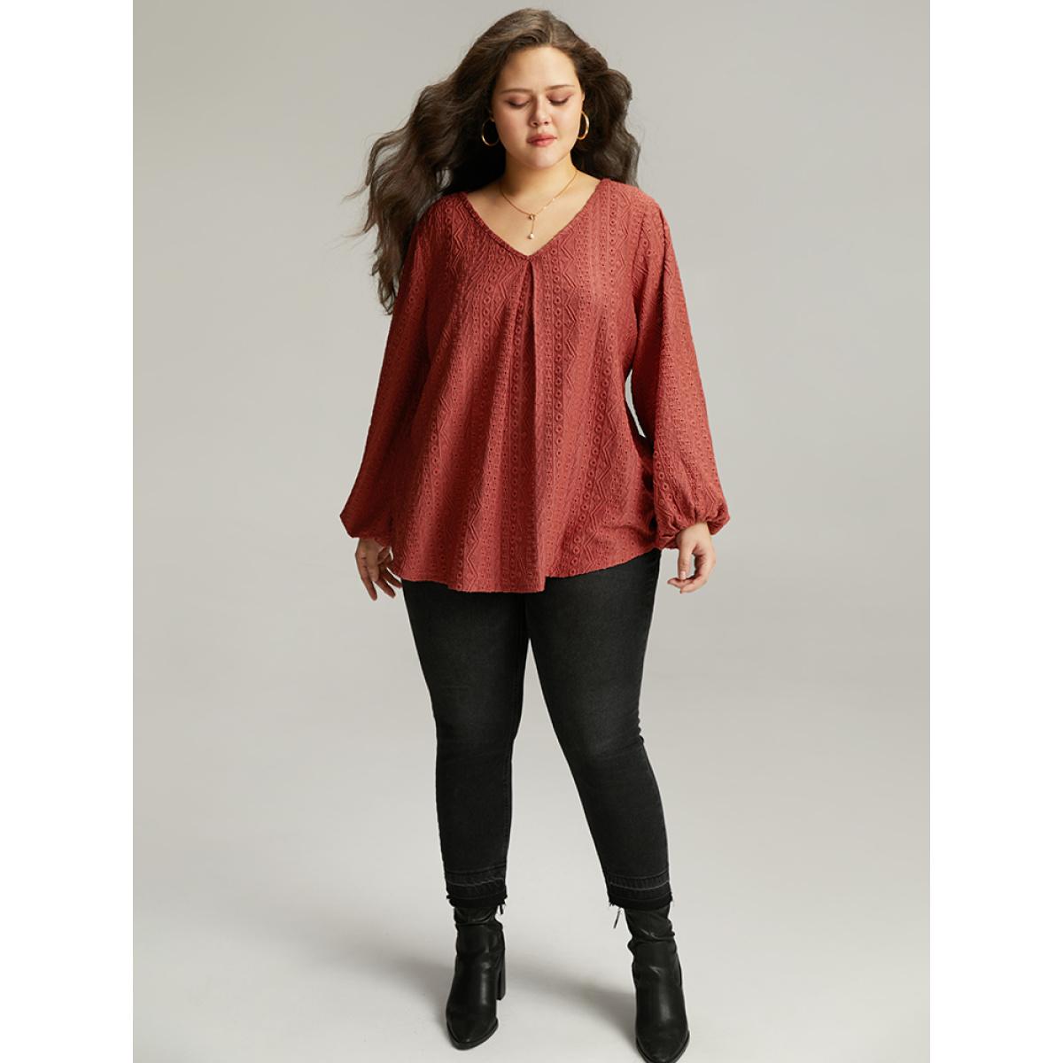 Plus Size Keyhole Plicated Detail Lantern Sleeve T-shirt Rust Women Elegant Elastic cuffs Plain V-neck Dailywear T-shirts BloomChic 18-20/2X Product Image
