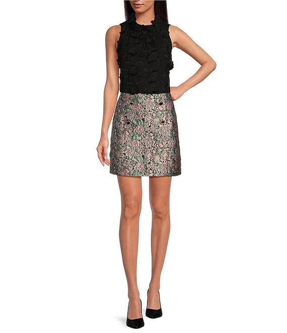 Abbey Glass Jessica Floral Jacquard High Rise Button Front Mini A-Line Coordinating Skirt Product Image