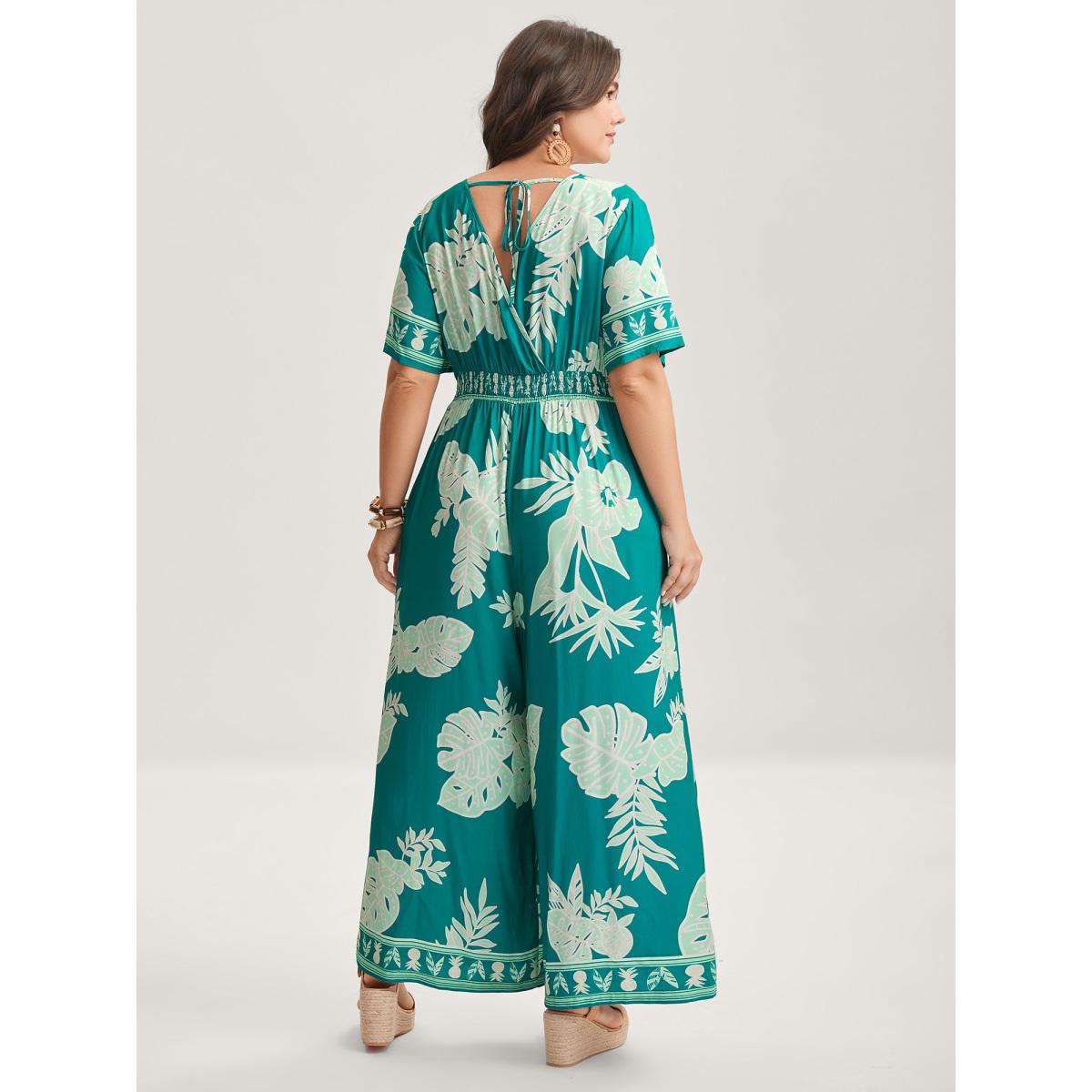 Plus Size LightGreen Rayon Tropical Leaf Button Detail Breezy Jumpsuit Women Resort Short sleeve V-neck Vacation Loose Jumpsuits BloomChic 28/5X Product Image
