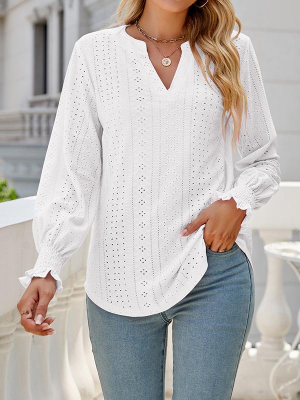 Long Sleeves Loose Elasticity Hollow Solid Color V-Neck T-Shirts Tops Product Image